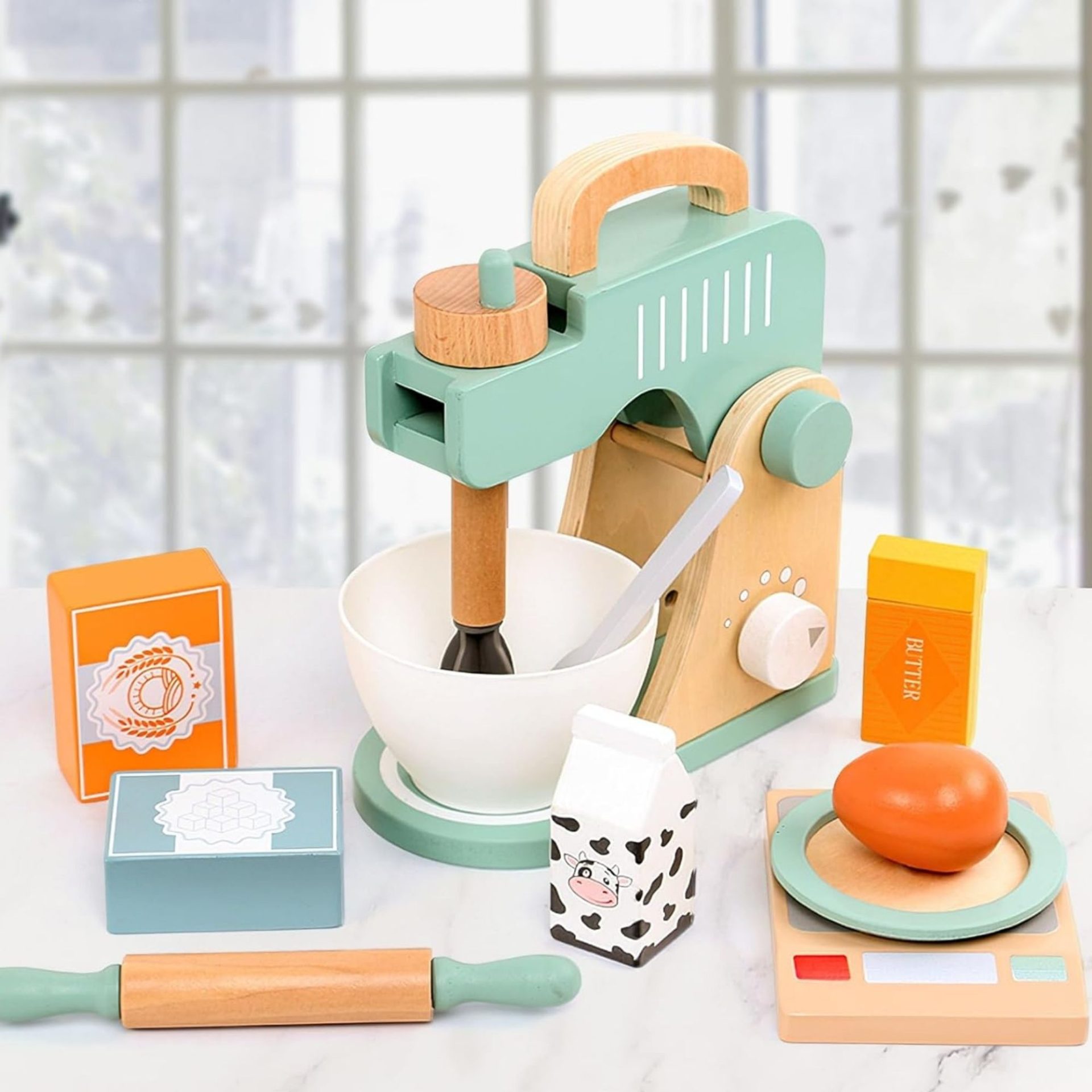 Set de Joaca Educativ, , Jucarie Montessori Interactiva pentru Gatit, Mixer de Bucatarie din Lemn, Cintar si Ingridiente, 3 ani+, Multicolor 4