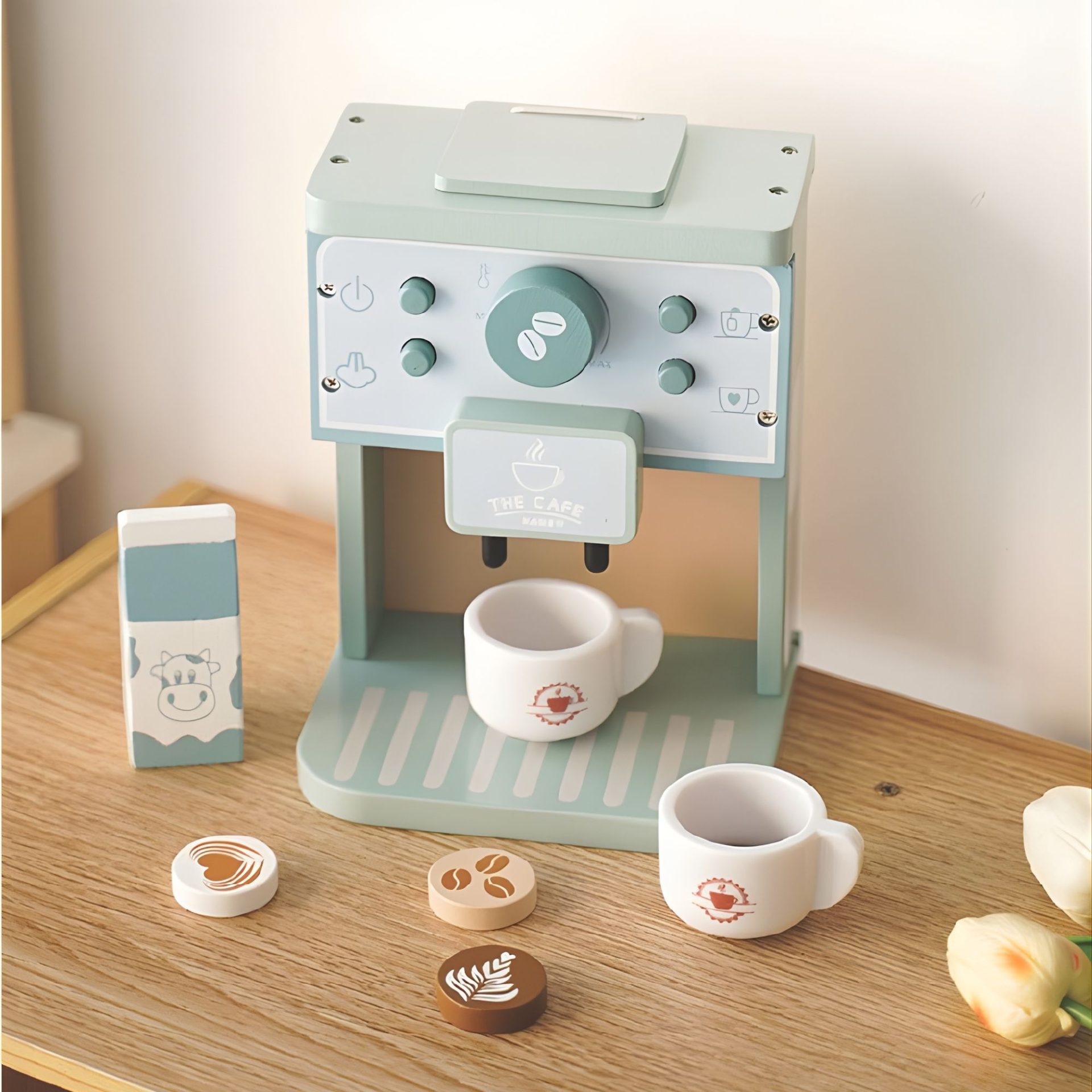 Jucarie Educativa Montessori din Lemn, , Aparat de Cafea Interactiv cu Capsule si 7 Accesorii Incluse, Dezvolta Motricitatea si Imaginatia, 3 ani+, Multicolor 4