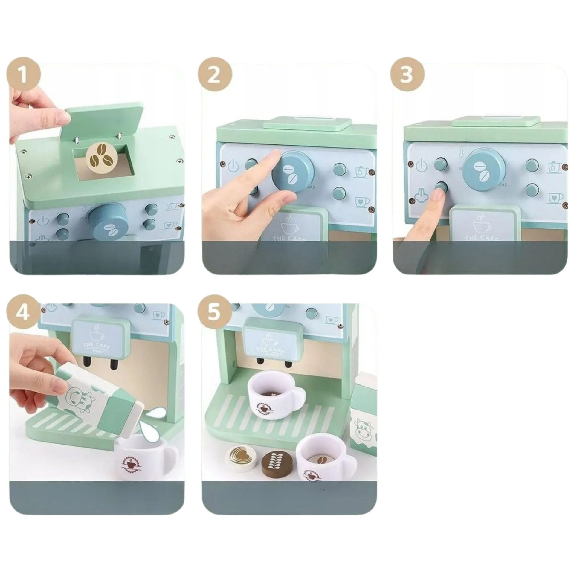 Jucarie Educativa Montessori din Lemn, , Aparat de Cafea Interactiv cu Capsule si 7 Accesorii Incluse, Dezvolta Motricitatea si Imaginatia, 3 ani+, Multicolor 3