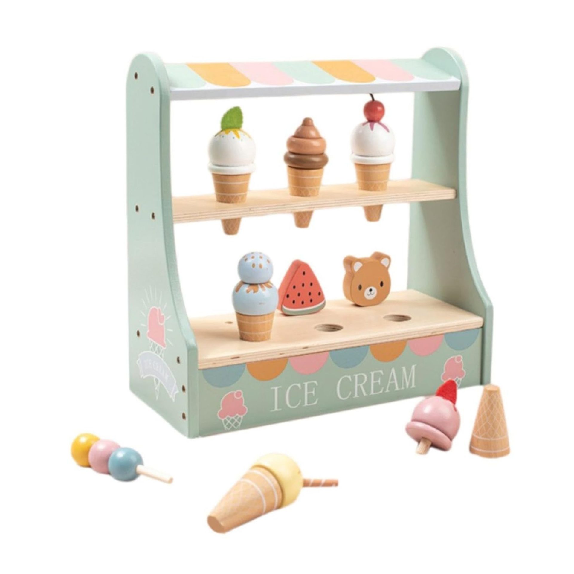 Jucarie Educativa Montessori din Lemn, , Stand de Inghetata Interactiv cu 25+ Accesorii, Include Meniu si Bani de Jucarie, Dezvolta Motricitatea si Abilitatile Sociale, 3ani+, Multicolor 2