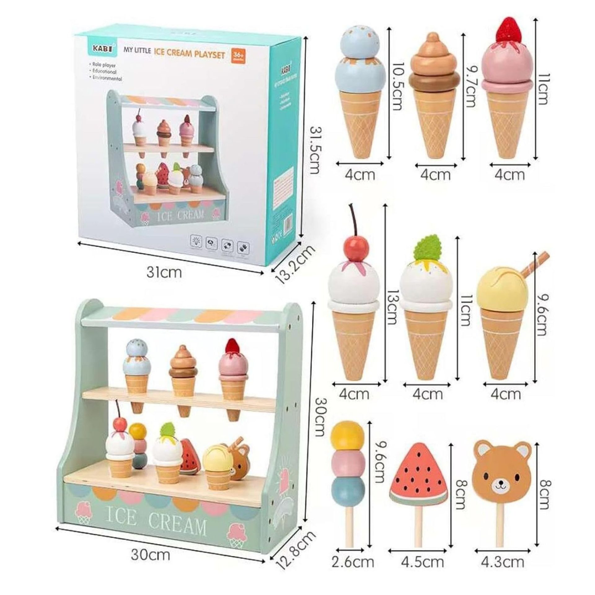 Jucarie Educativa Montessori din Lemn, , Stand de Inghetata Interactiv cu 25+ Accesorii, Include Meniu si Bani de Jucarie, Dezvolta Motricitatea si Abilitatile Sociale, 3ani+, Multicolor 3
