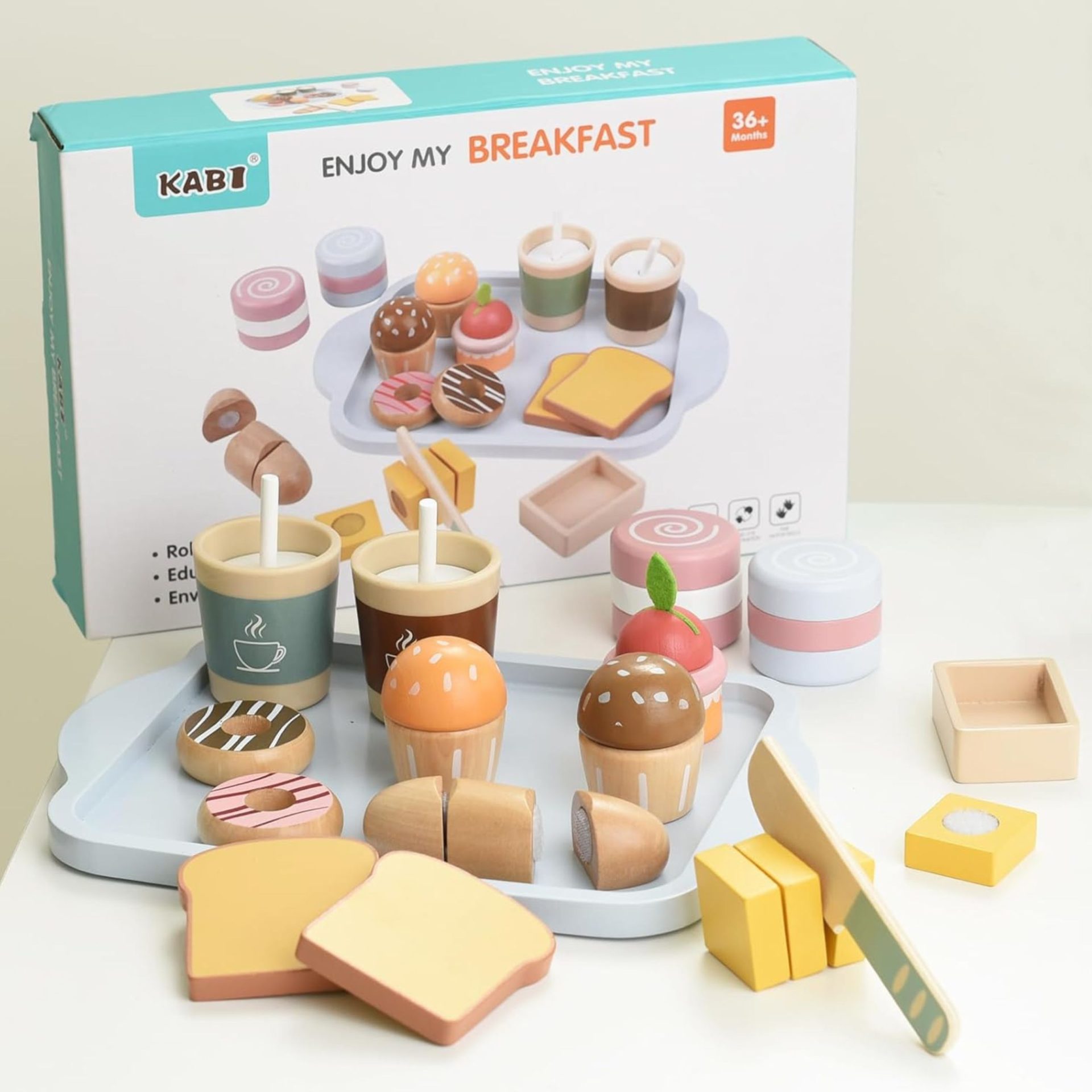 Jucarie Educativa Montessori din Lemn, , Set de Mic Dejun Interactiv cu Tava si 15+ Accesorii, Prajituri cu Scai, Dezvolta Motricitatea si Dexteritatea, 3ani+, Multicolor 5