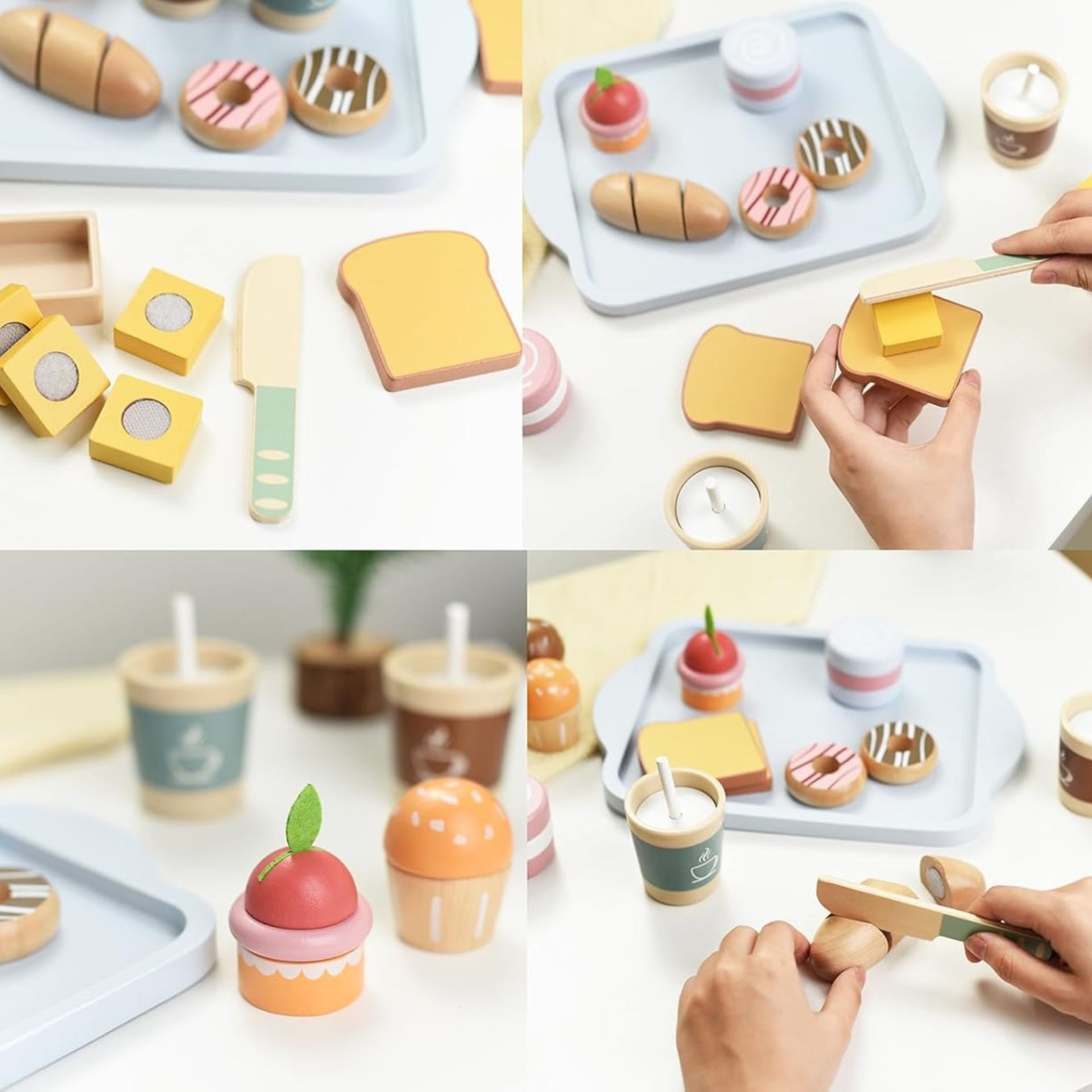 Jucarie Educativa Montessori din Lemn, , Set de Mic Dejun Interactiv cu Tava si 15+ Accesorii, Prajituri cu Scai, Dezvolta Motricitatea si Dexteritatea, 3ani+, Multicolor 3
