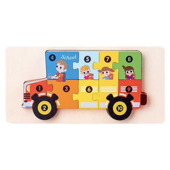Puzzle din Lemn 3D Montessori Autobuz Flippy