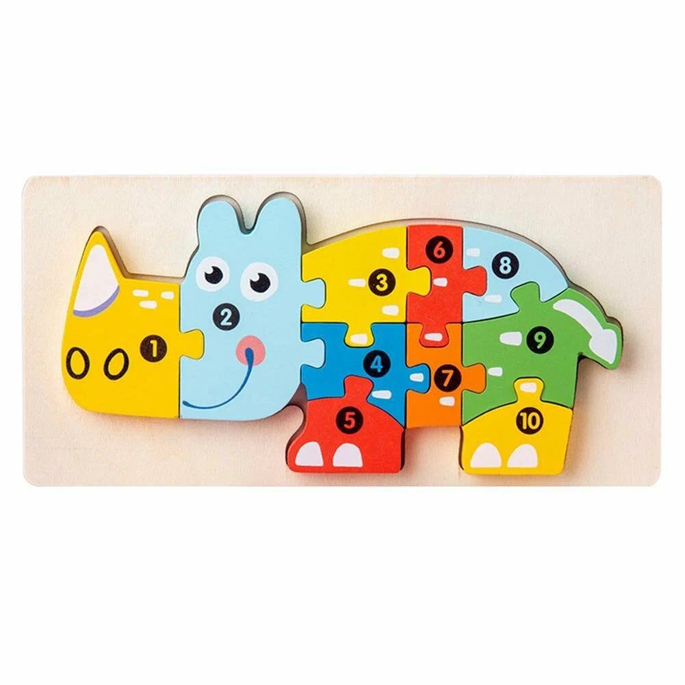 Puzzle din lemn 3D Montessori Flippy model rinocer multicolor
