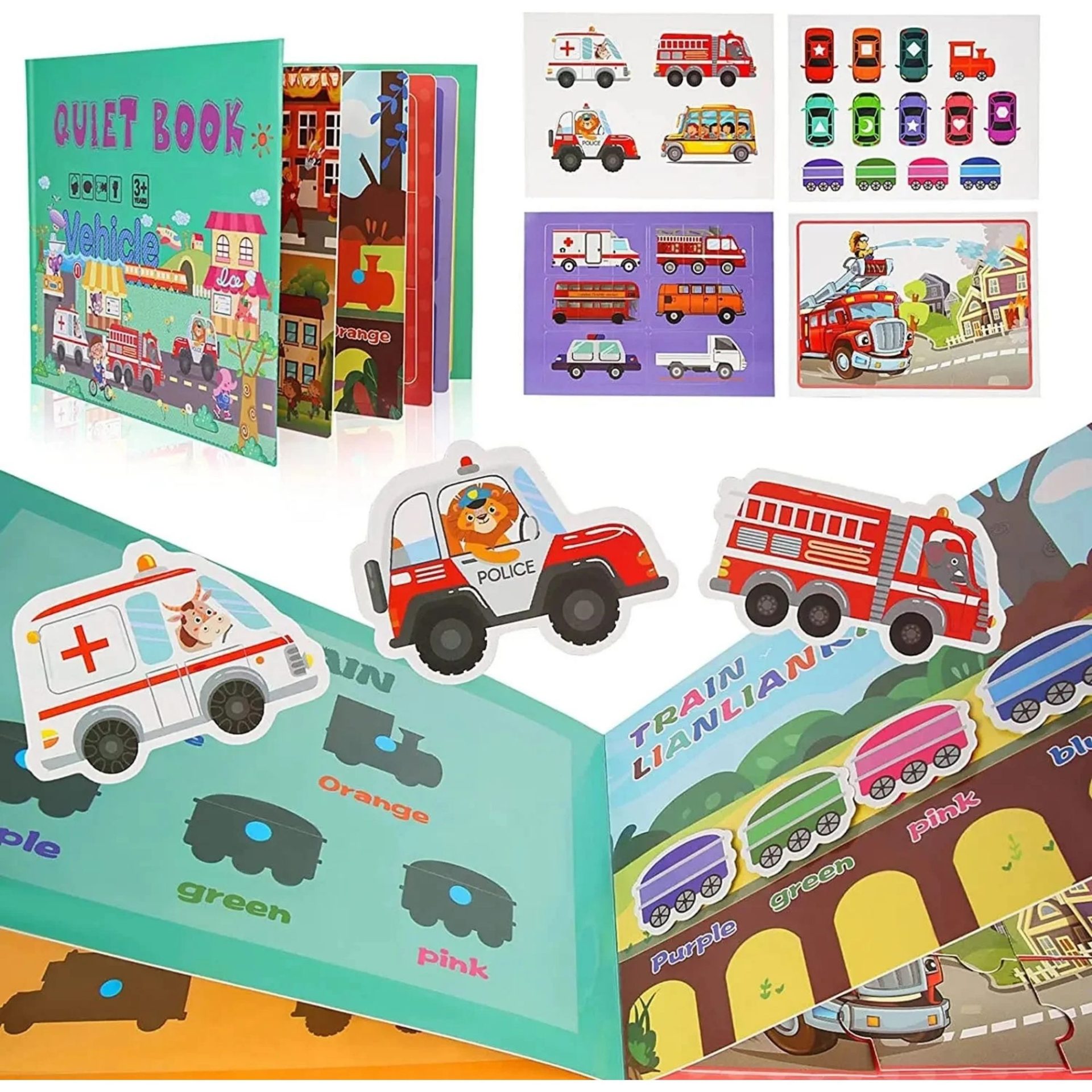Carte Educativa cu Stickere Reutilizabile, , Quiet Book Senzoriala cu Pagini Interactive , Joc Montessori, Seria ''Vehicule si Masini'', Puzzle, Dezvolta Motricitatea Fina si Logica, Quiet Book pentru Invatare Timpurie, 3 ani, Multicolor 2