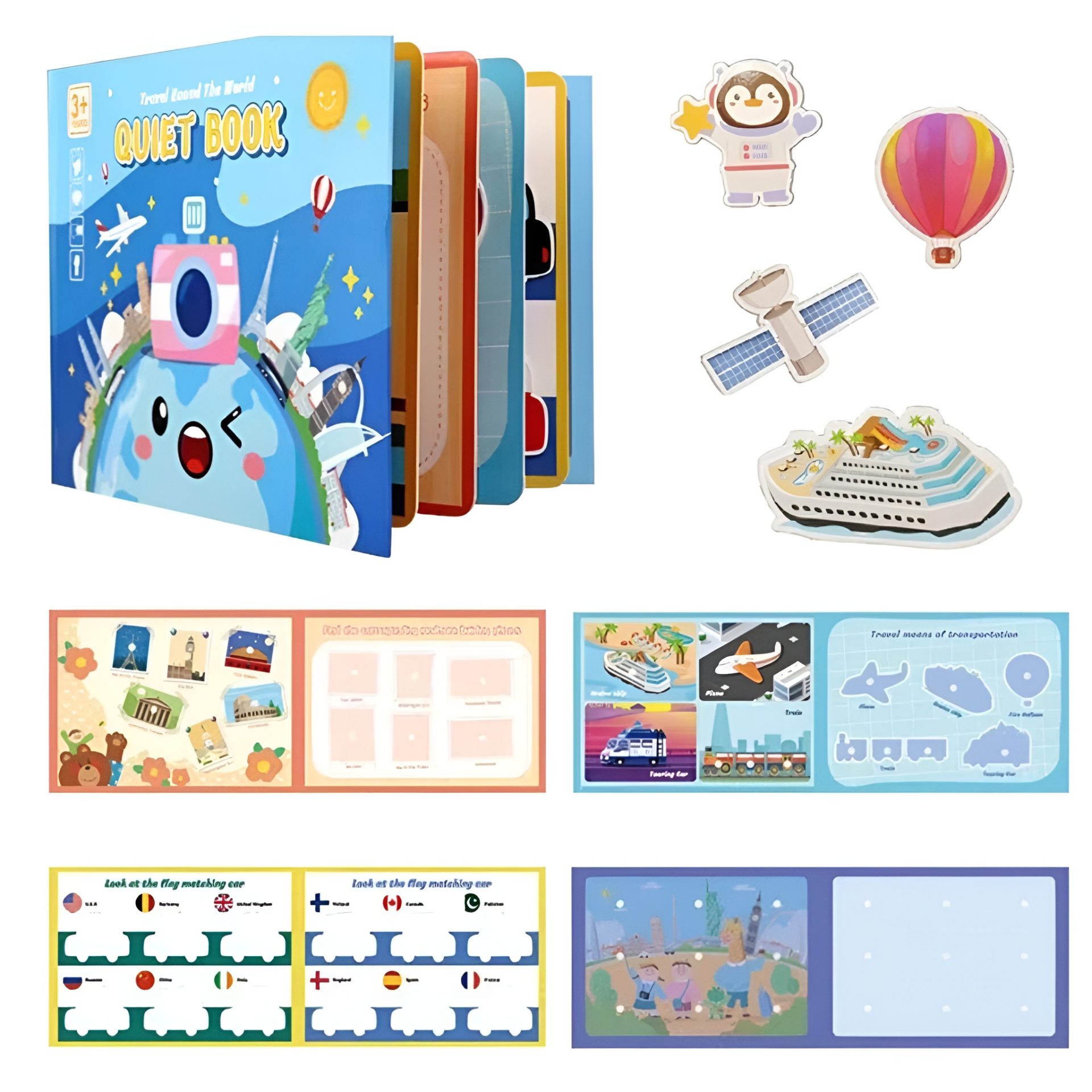 Carte Educativa cu Stickere Reutilizabile, , Quiet Book Senzoriala cu Pagini Interactive , Joc Montessori, Seria ''In Jurul Lumii', Puzzle, Dezvolta Motricitatea Fina si Logica, Quiet Book pentru Invatare Timpurie, 3 ani, Multicolor 2