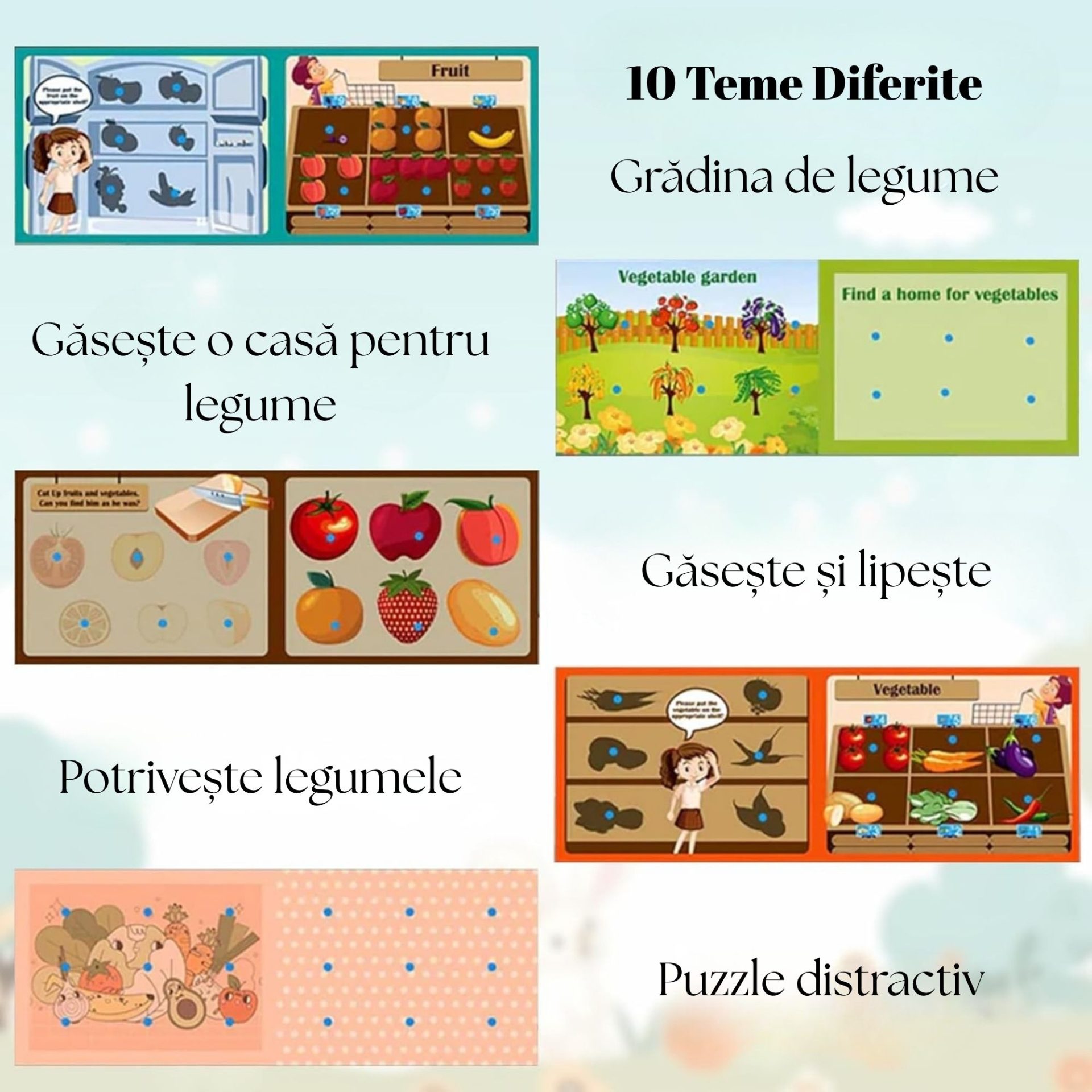 Carte Educativa cu Stickere Reutilizabile, , Quiet Book Senzoriala cu Pagini Interactive , Joc Montessori, Seria ''Fructe si Legume'', Dezvolta Motricitatea Fina si Logica, pentru Invatare Timpurie, 3 ani, Multicolor 3