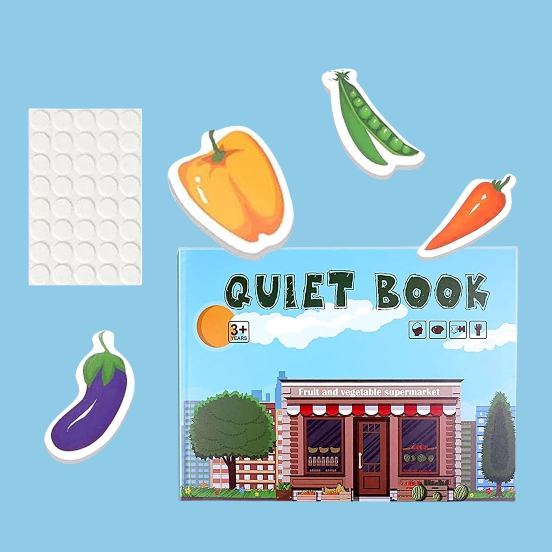 Carte Educativa cu Stickere Reutilizabile, , Quiet Book Senzoriala cu Pagini Interactive , Joc Montessori, Seria ''Fructe si Legume'', Dezvolta Motricitatea Fina si Logica, pentru Invatare Timpurie, 3 ani, Multicolor 2