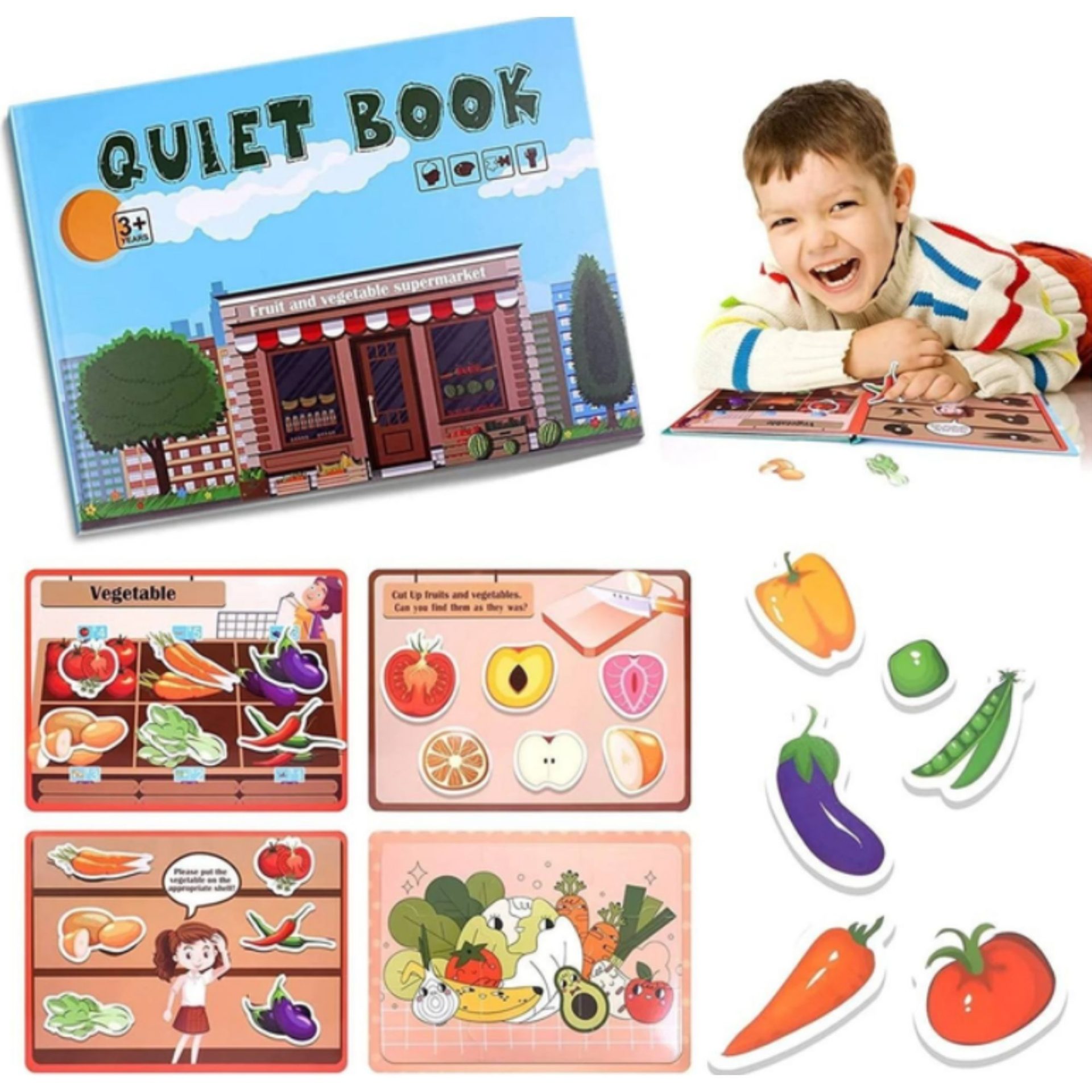 Carte Educativa cu Stickere Reutilizabile, , Quiet Book Senzoriala cu Pagini Interactive , Joc Montessori, Seria ''Fructe si Legume'', Dezvolta Motricitatea Fina si Logica, pentru Invatare Timpurie, 3 ani, Multicolor 4