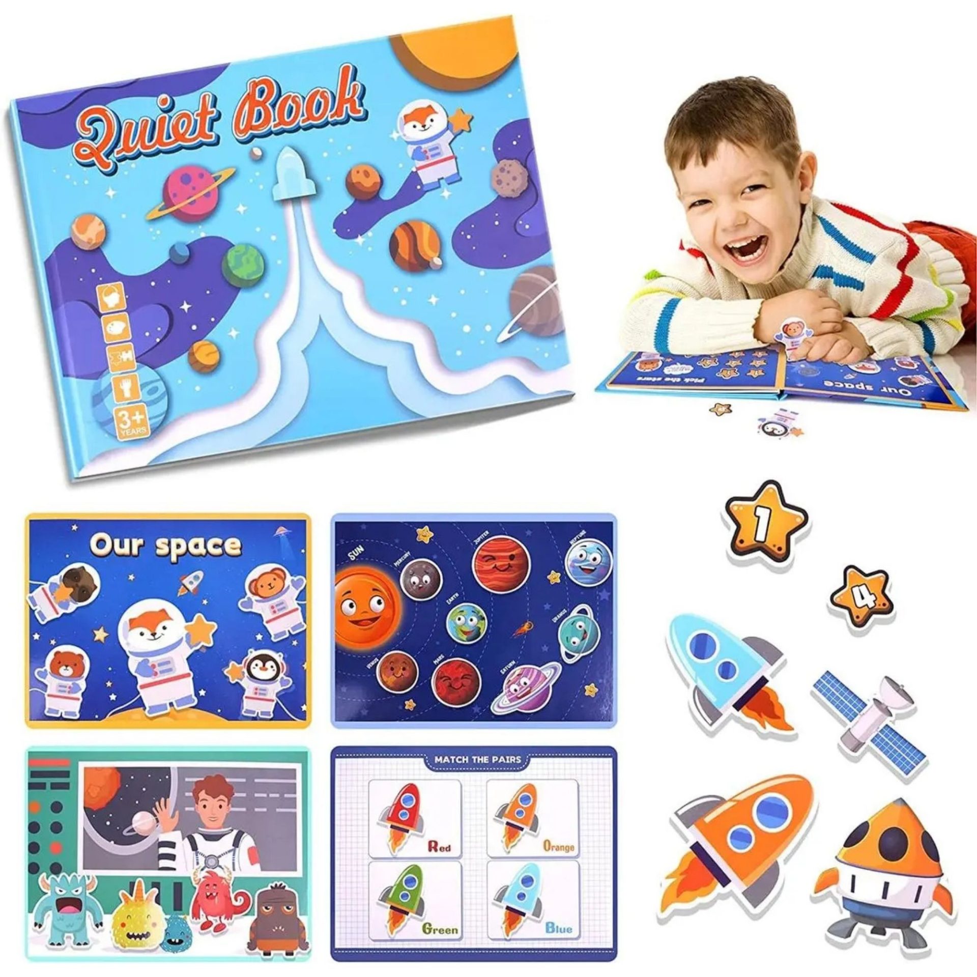 Carte Educativa cu Stickere Reutilizabile, , Quiet Book Senzoriala cu Pagini Interactive , Joc Montessori, Seria ''Explorarea Spatiului'', Dezvolta Motricitatea Fina si Logica, Quiet Book pentru Invatare Timpurie, 3 ani, Multicolor 2