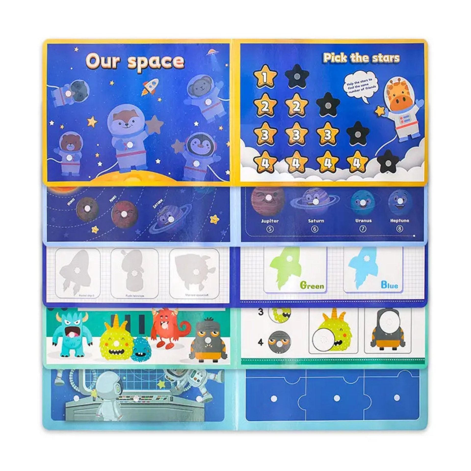 Carte Educativa cu Stickere Reutilizabile, , Quiet Book Senzoriala cu Pagini Interactive , Joc Montessori, Seria ''Explorarea Spatiului'', Dezvolta Motricitatea Fina si Logica, Quiet Book pentru Invatare Timpurie, 3 ani, Multicolor 5