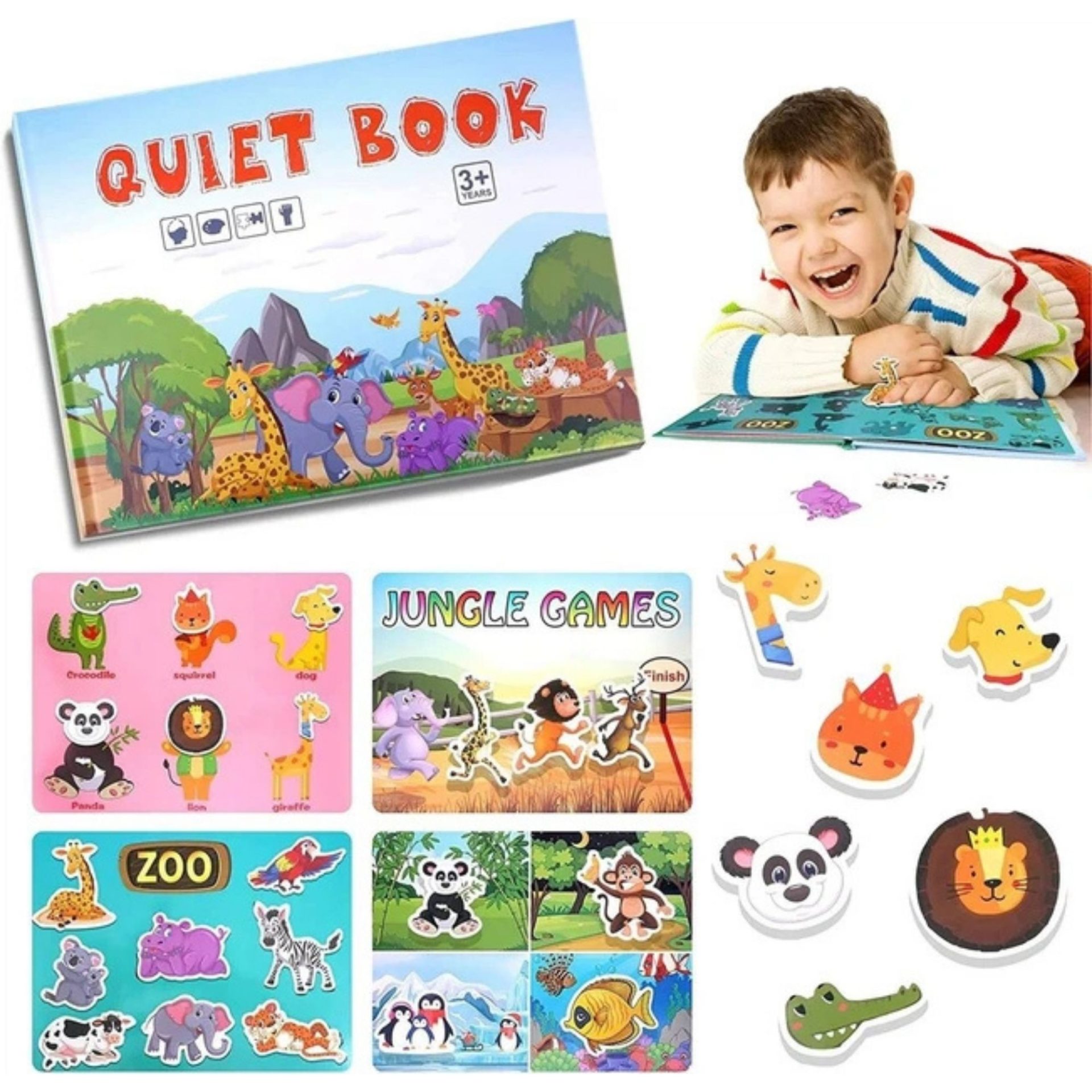 Carte Educativa cu Stickere Reutilizabile, , Quiet Book Senzoriala cu Pagini Interactive, Puzzle, Joc Montessori, Seria ''Lumea Animalelor'', Dezvolta Motricitatea Fina si Logica, Quiet Book pentru Invatare Timpurie, 3 ani, Multicolor 2