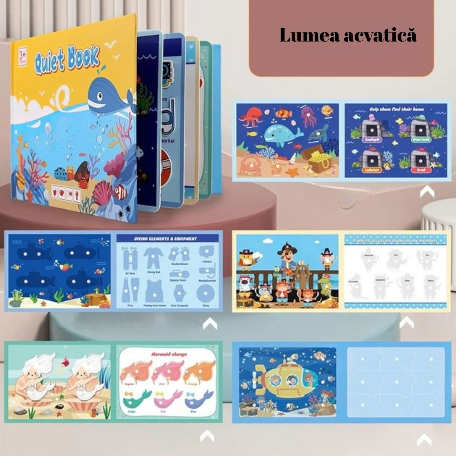 Carte Educativa cu Piese Reutilizabile, , Quiet Book Montessori, Seria Lumea Acvatica, 10 Pagini Interactive, Piese cu Scai, 28x20.5x1.8 cm, Multicolor 2