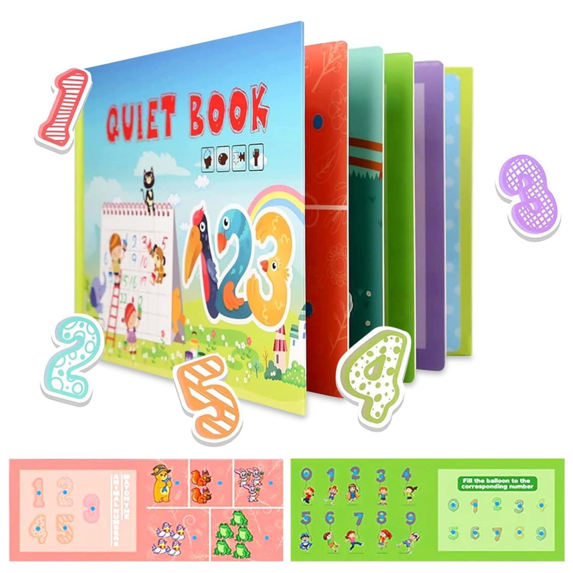 Carte Educativa cu Piese Reutilizabile, , Quiet Book Montessori, Seria Numere, 10 Pagini, Piese cu Scai, 28x20.5x2 cm, Multicolor 2