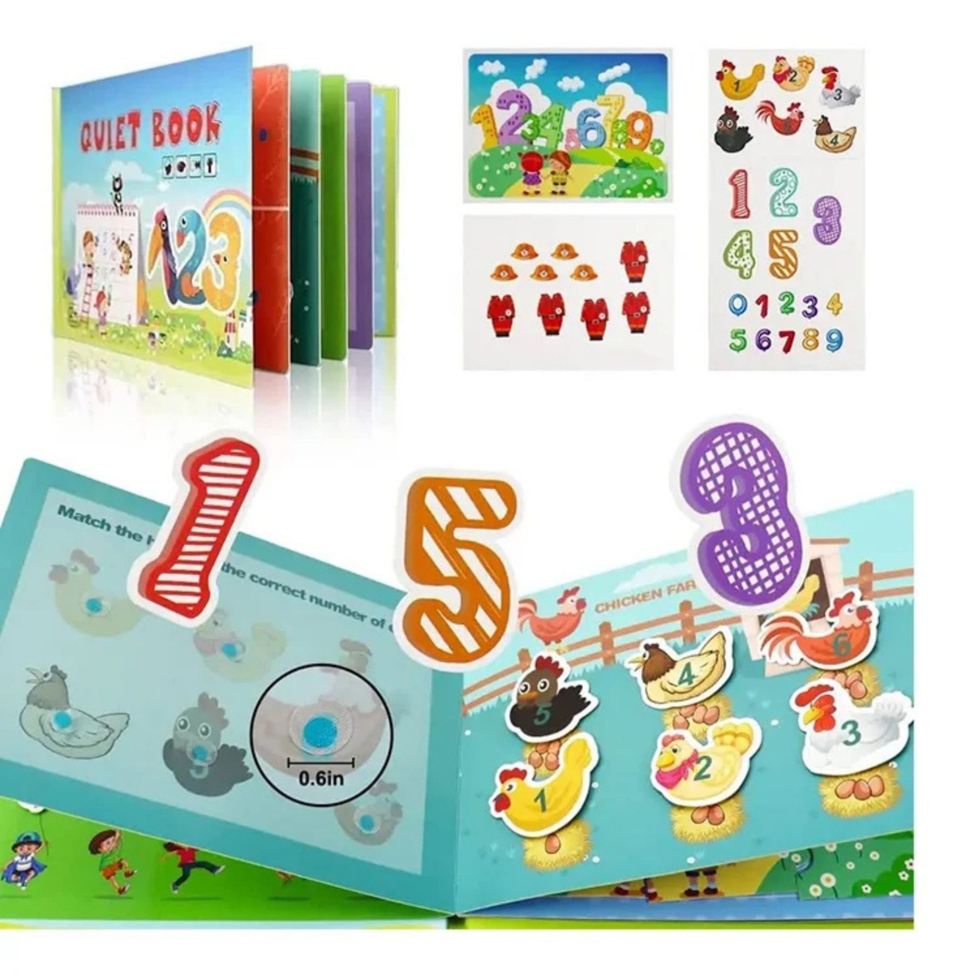 Carte Educativa cu Piese Reutilizabile, , Quiet Book Montessori, Seria Numere, 10 Pagini, Piese cu Scai, 28x20.5x2 cm, Multicolor 3