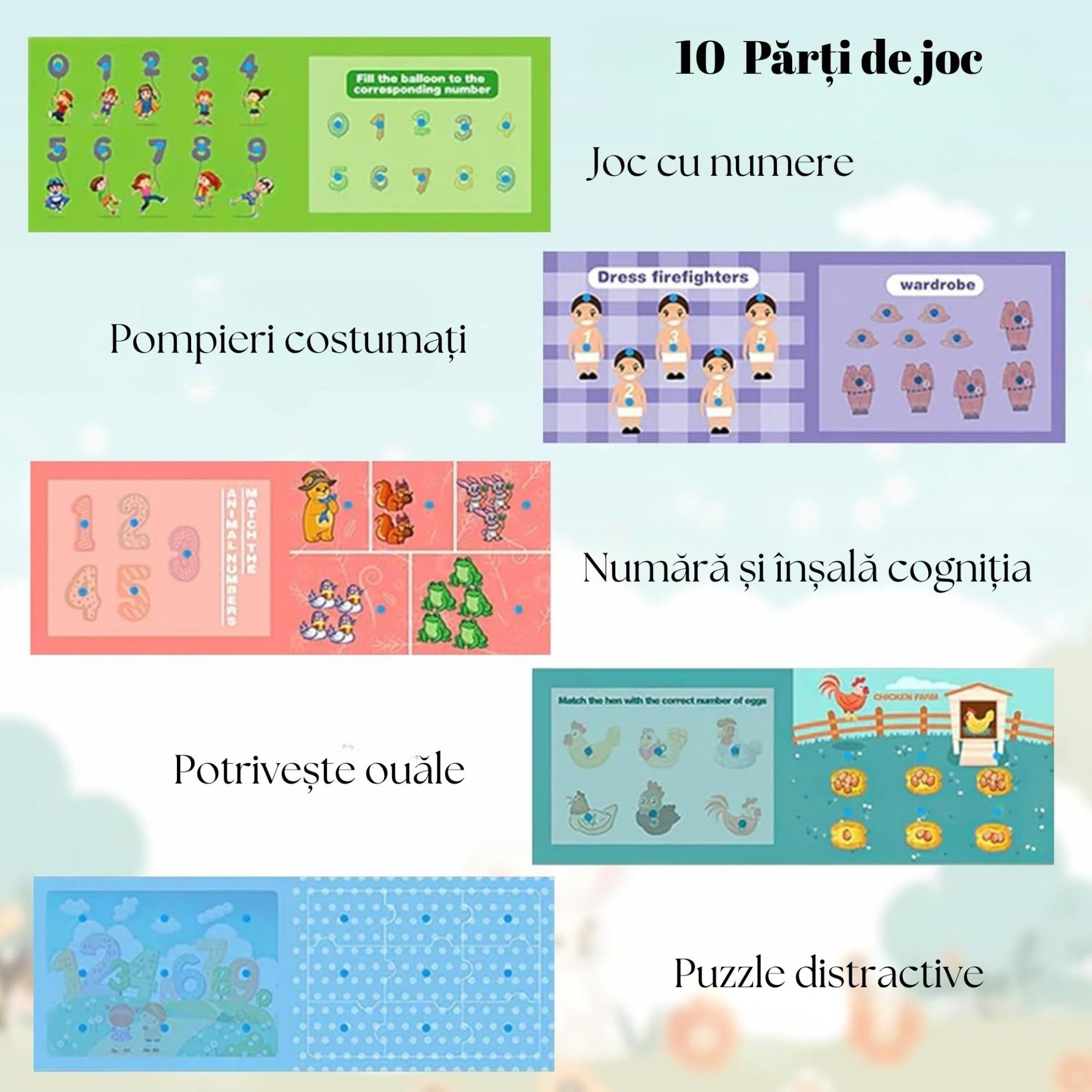 Carte Educativa cu Piese Reutilizabile, , Quiet Book Montessori, Seria Numere, 10 Pagini, Piese cu Scai, 28x20.5x2 cm, Multicolor 4