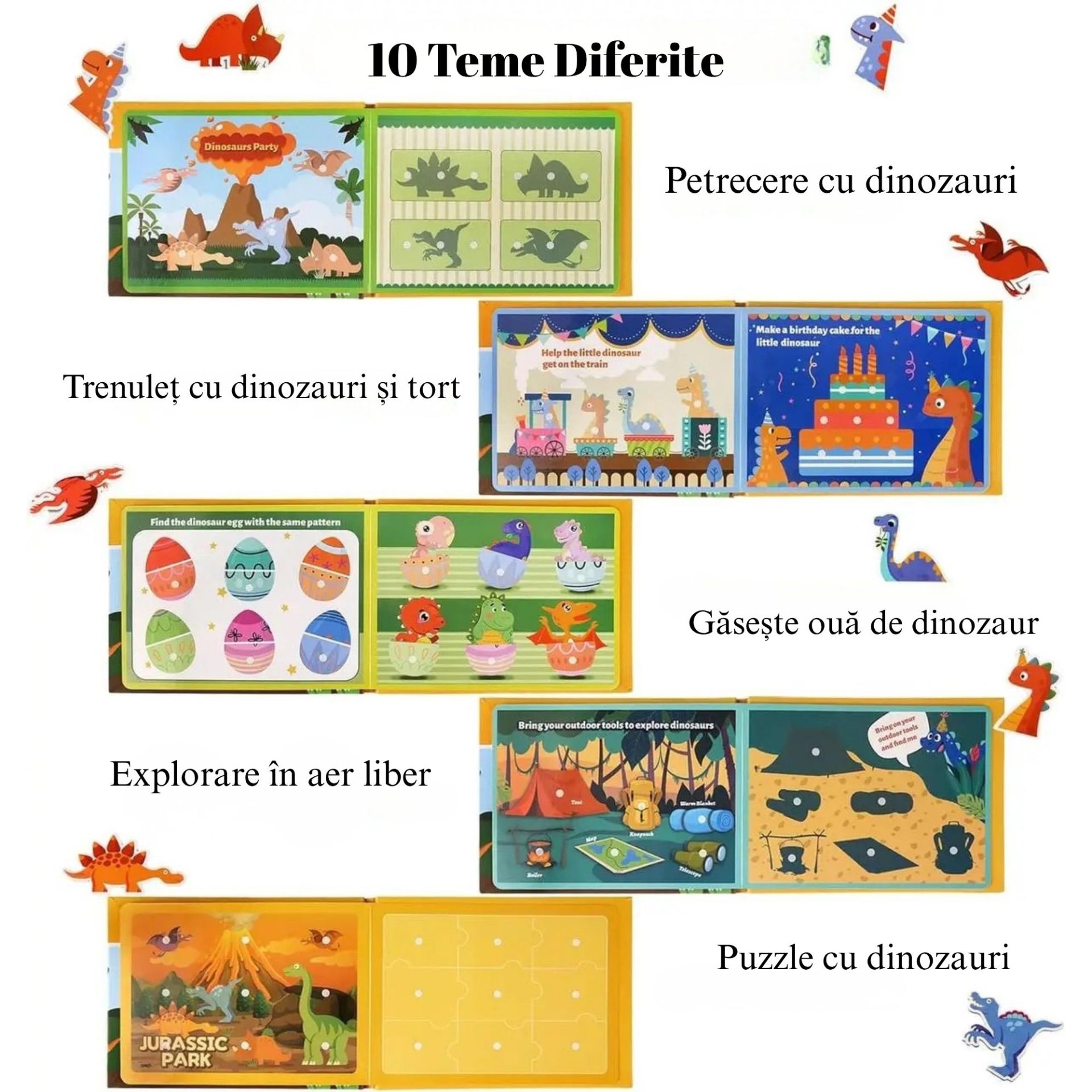 Carte Educativa cu Stickere Reutilizabile, , Quiet Book Montessori, Seria Dinozaur, Pagini Interactive, 3 Ani+, Multicolor 3
