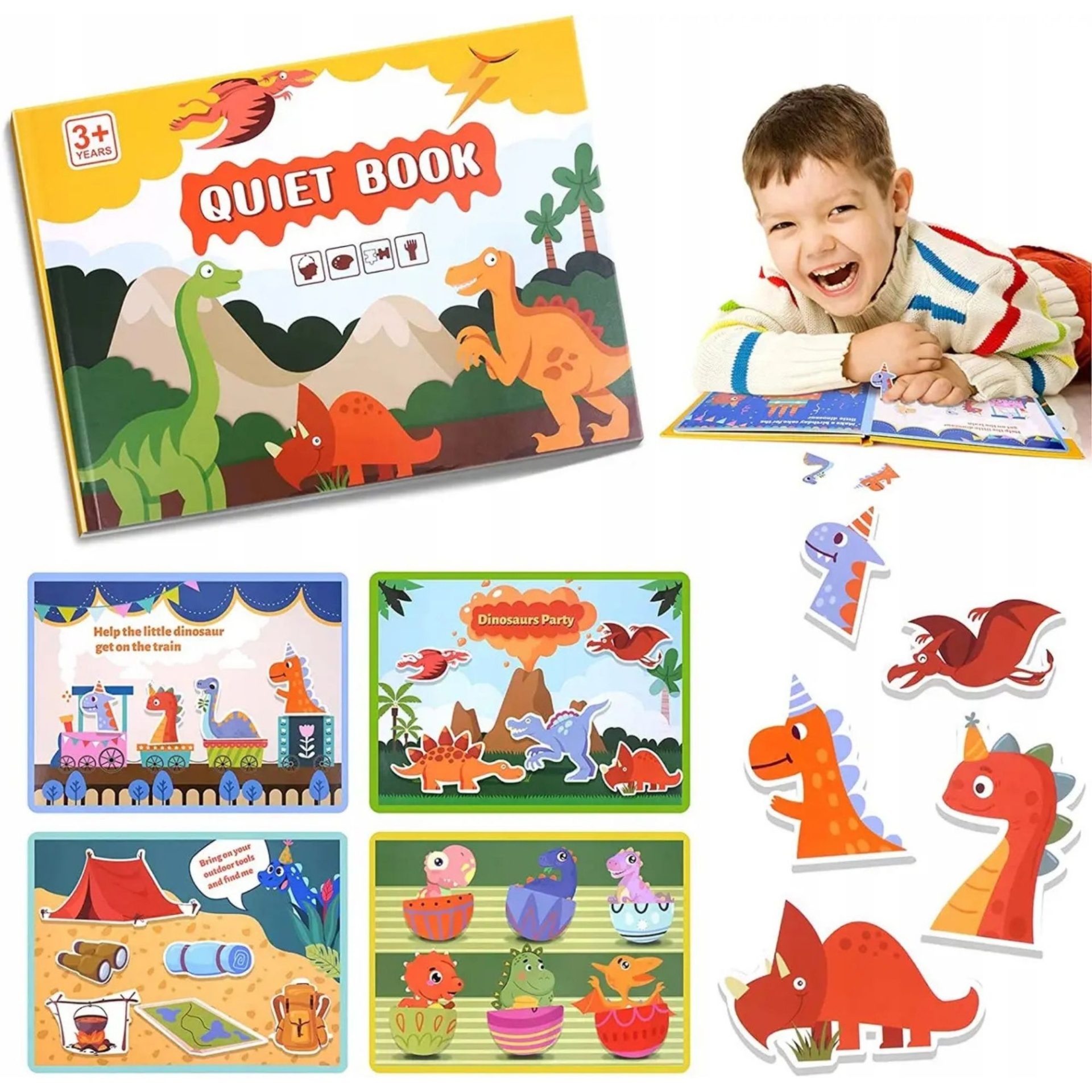 Carte Educativa cu Stickere Reutilizabile, , Quiet Book Montessori, Seria Dinozaur, Pagini Interactive, 3 Ani+, Multicolor 2