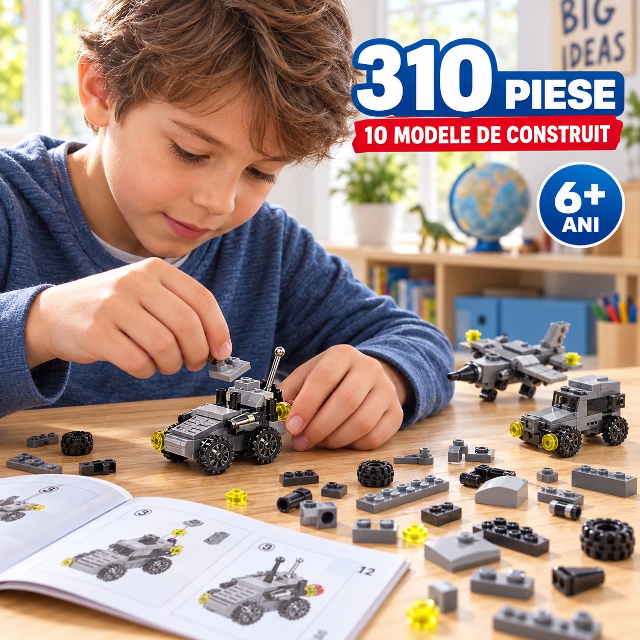 Set de Constructie, Flippy, Vehicule Militare 10 in 1, 310 Piese, 10 Modele, Varsta 6+ Ani, 20 x 12.8 x 9 cm, Multicolor