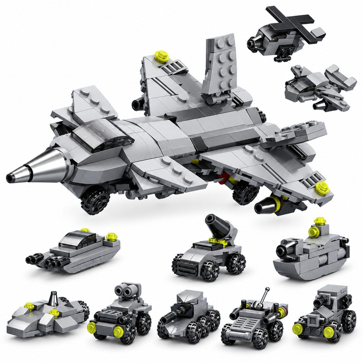 Set de Constructie, Flippy, Vehicule Militare 10 in 1, 310 Piese, 10 Modele, Varsta 6+ Ani, 20 x 12.8 x 9 cm, Multicolor