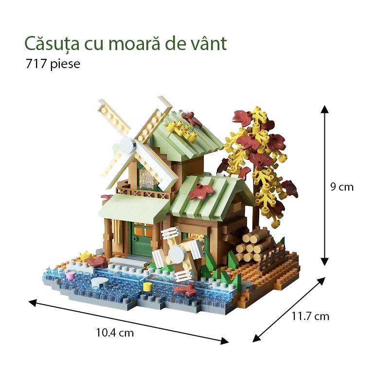 Set constructie, , Forest Log Cabin, din ABS, Model Casuta cu Moara de Vant, 717 piese, 10.4x11.7x9 cm, Multicolor 3