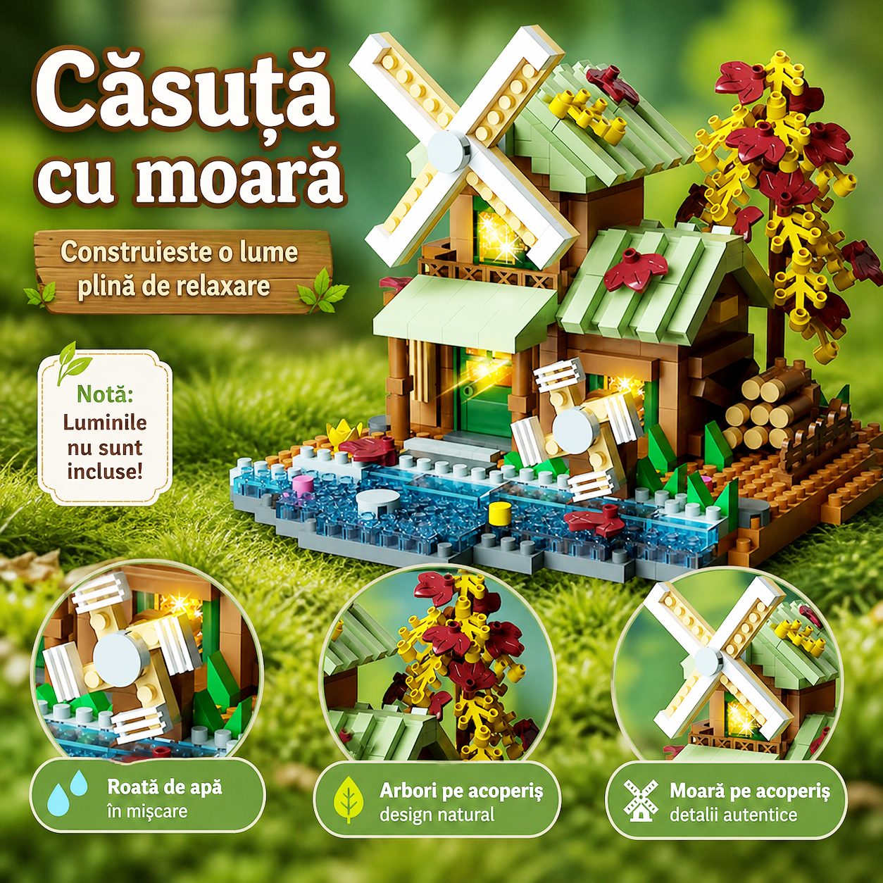 Set constructie, , Forest Log Cabin, din ABS, Model Casuta cu Moara de Vant, 717 piese, 10.4x11.7x9 cm, Multicolor 4