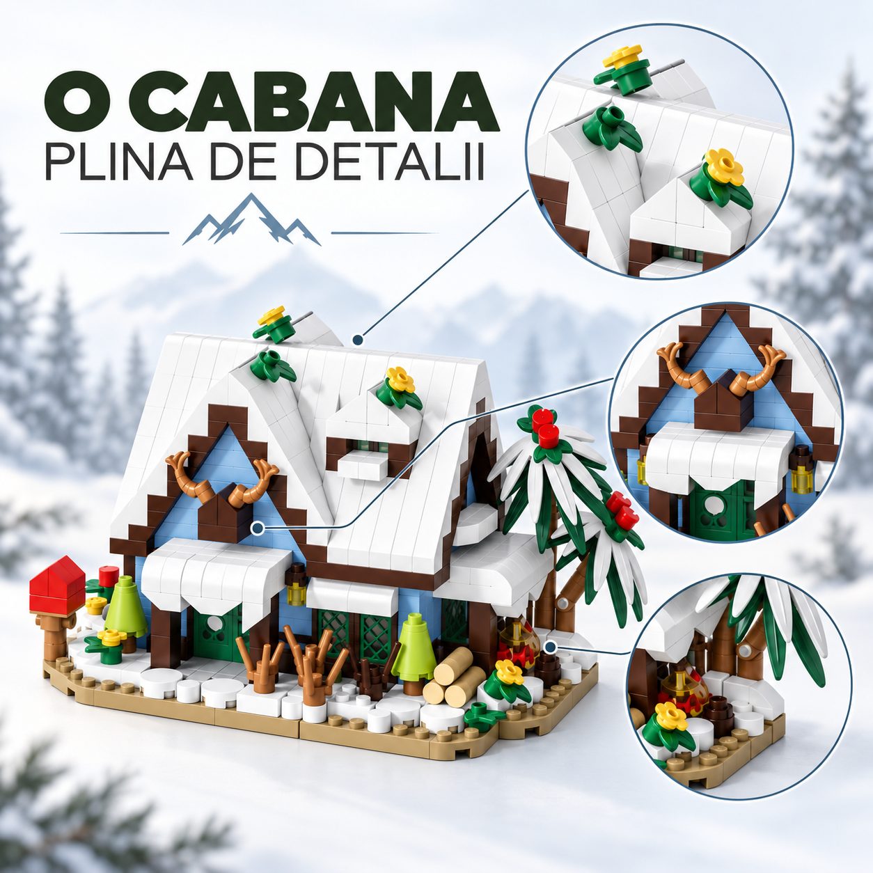 Set de Constructie, Flippy, Model Cabana de Iarna, 524 Piese, Casa cu Zapada si Elemente Decorative, Jucarie Creativa, 11.5x6.1x8.6 cm, Multicolor