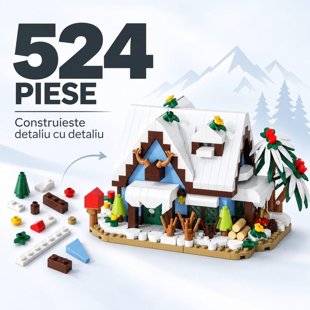 Set de Constructie, Flippy, Model Cabana de Iarna, 524 Piese, Casa cu Zapada si Elemente Decorative, Jucarie Creativa, 11.5x6.1x8.6 cm, Multicolor