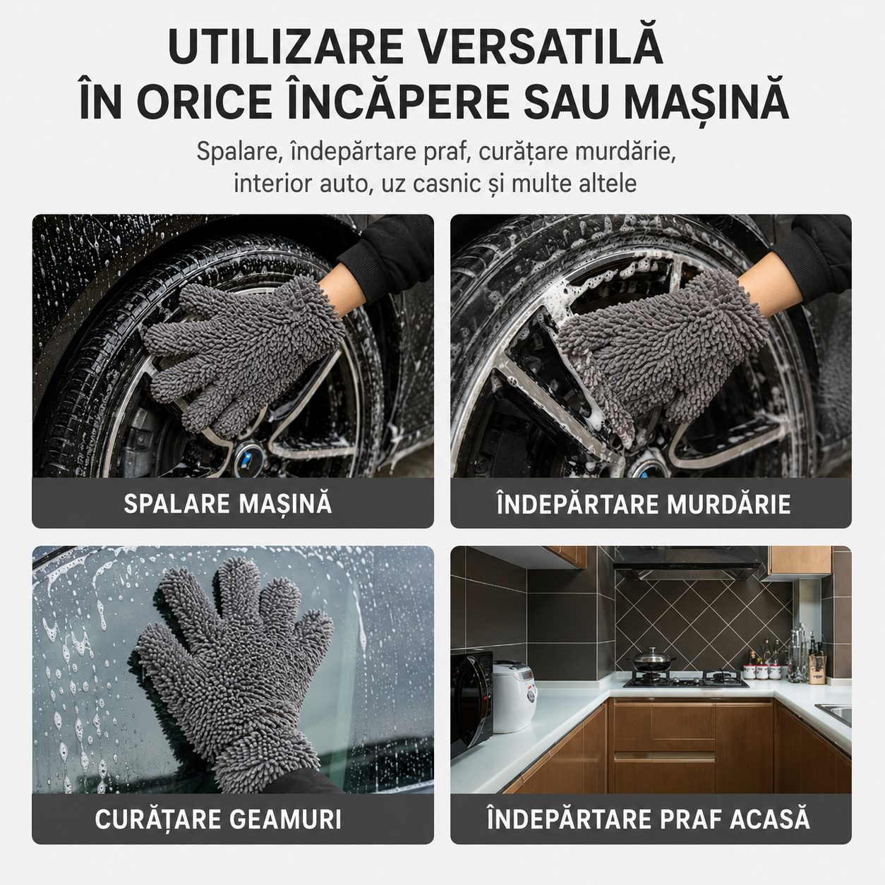 Manusa din Microfibra Chenille pentru Spalare si Curatare, , Model cu 5 Degete, Design cu Doua Fete, Reutilizabila, 28 x 24,5 cm, Gri 5