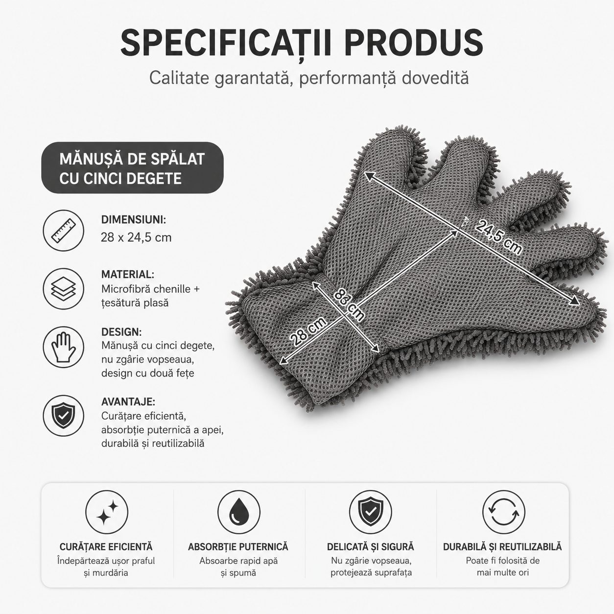 Manusa din Microfibra Chenille pentru Spalare si Curatare, , Model cu 5 Degete, Design cu Doua Fete, Reutilizabila, 28 x 24,5 cm, Gri 4