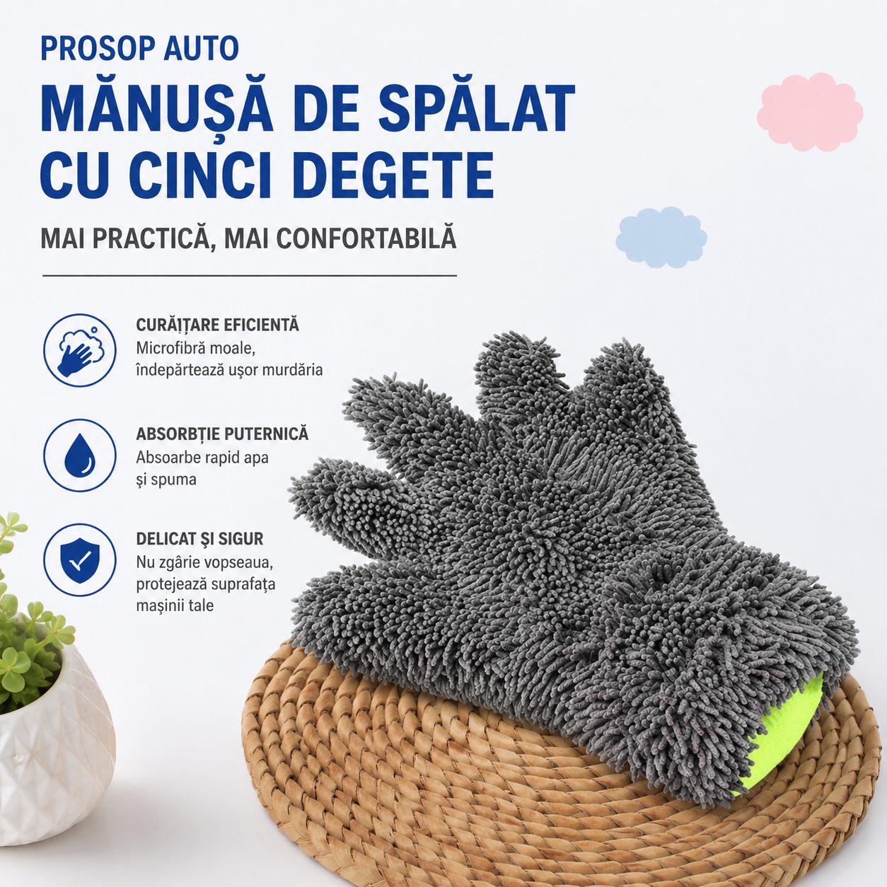 Manusa din Microfibra cu Degete pentru Spalare si Curatare, , 5 Degete, Design cu Doua Fete, Reutilizabila, 28 x 24,5 cm, Galben 3