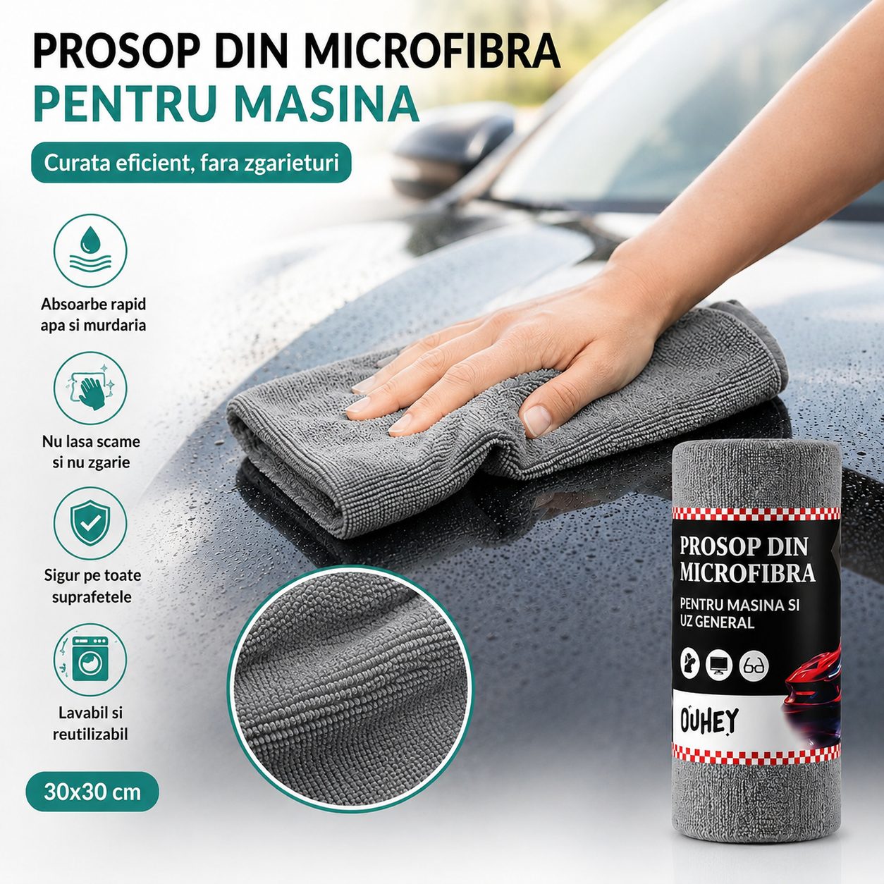 Set 30 Lavete din Microfibra, , pentru Curatare Auto si Suprafete, Absorbante si Reutilizabile, 30 x 30 cm, Gri 4