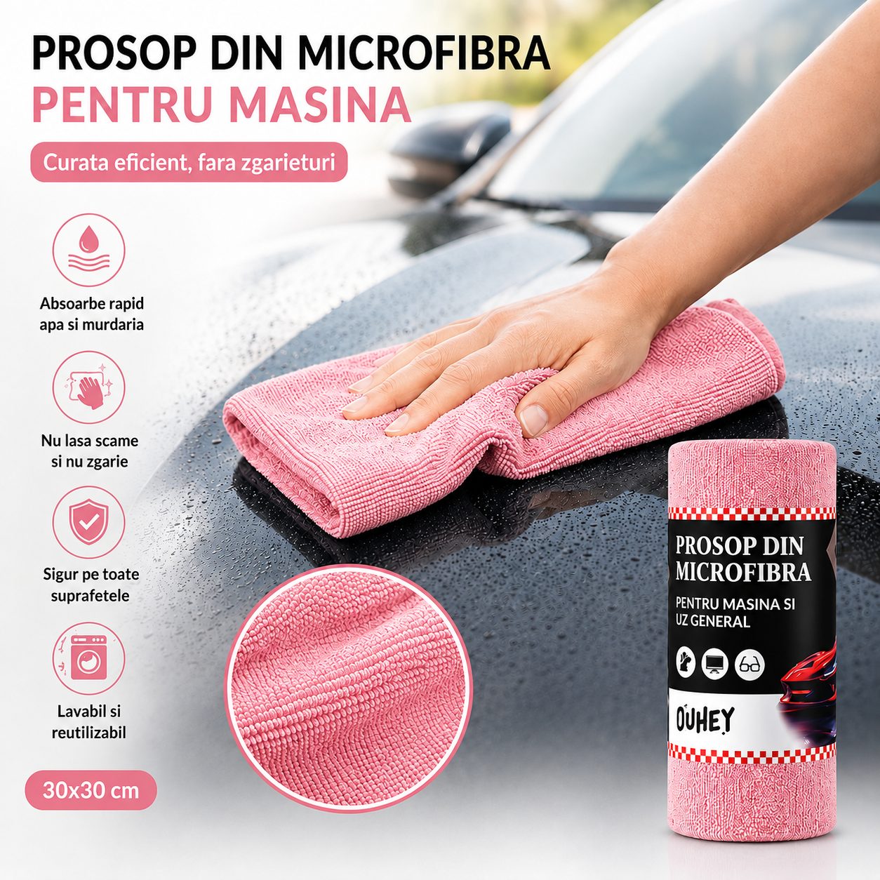 Set 30 Lavete din Microfibra, , pentru Curatare Auto si Suprafete, Absorbante si Reutilizabile, 30 x 30 cm, Roz 4