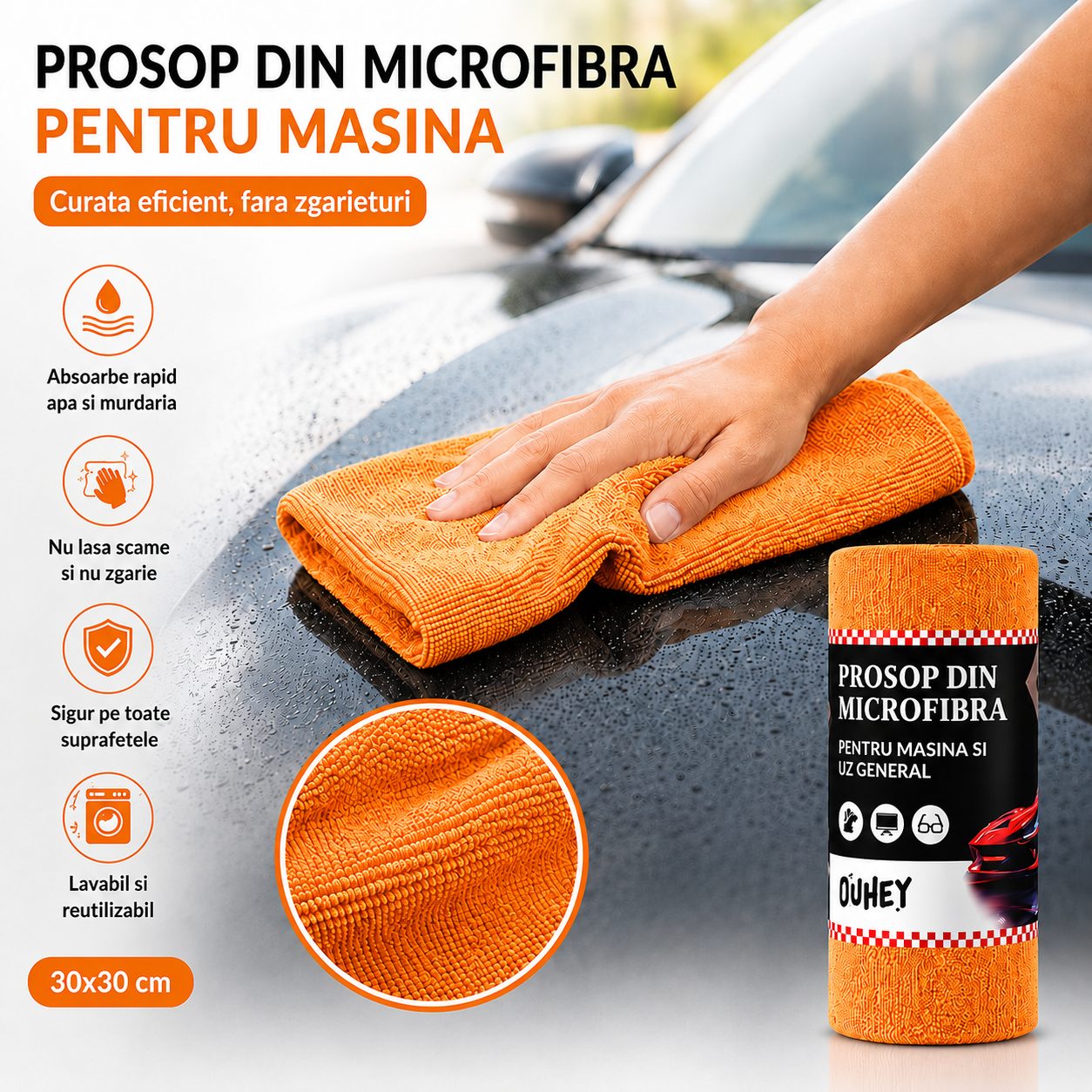 Set 50 Lavete din Microfibra, , pentru Curatare Auto si Suprafete, Absorbante si Reutilizabile, 30 x 30 cm, Portocaliu 4