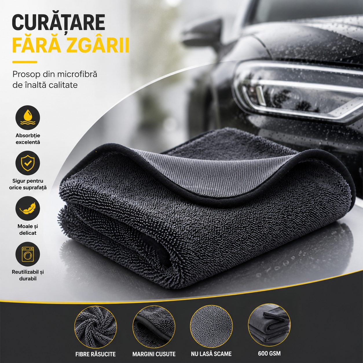 Prosop Auto din Microfibra Rasucita, , 600 GSM, Super Absorbant, Moale si Reutilizabil, pentru Uscare si Curatare Auto, 40 x 40 cm, Gri 2