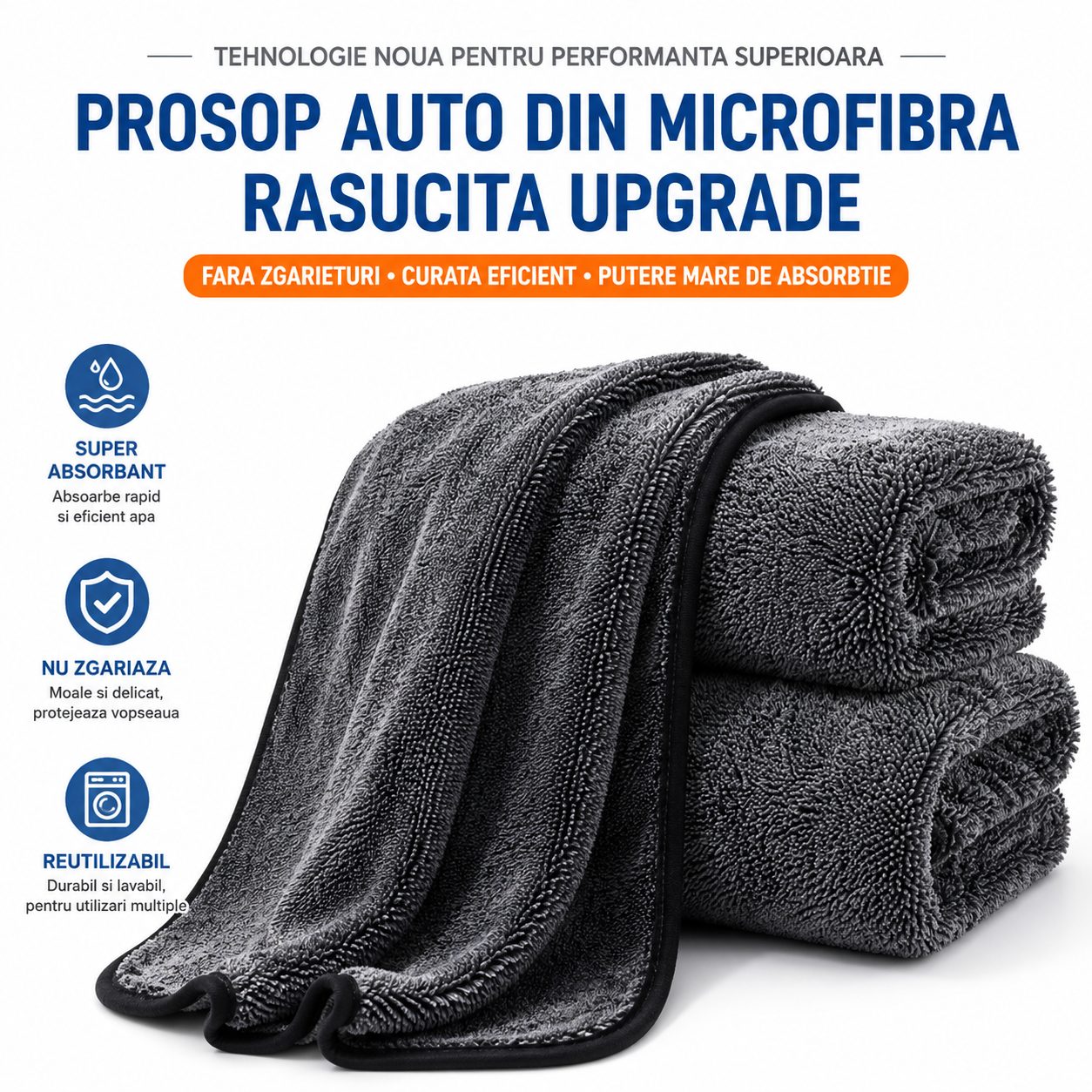 Prosop Auto din Microfibra , , 600 GSM, Strat Simplu, Super Absorbant, Moale si Reutilizabil, Uscare si Curatare Auto, 60 x 90 cm, Gri Inchis 2