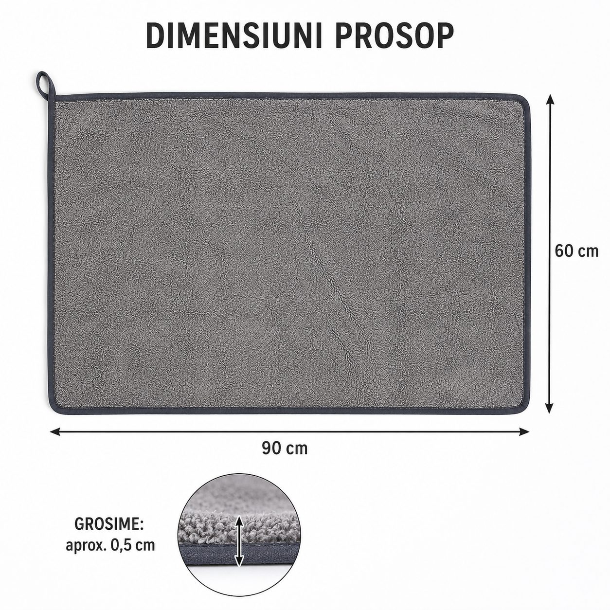 Prosop Auto din Microfibra Rasucita, Flippy, 600 GSM, Super Absorbant, Moale si Reutilizabil, pentru Uscare si Curatare Auto, 60 x 90 cm, Gri Deschis