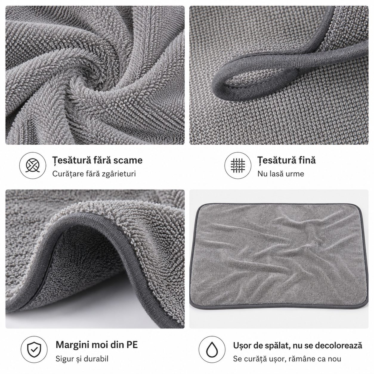 Prosop Auto din Microfibra Rasucita, Flippy, 600 GSM, Super Absorbant, Moale si Reutilizabil, pentru Uscare si Curatare Auto, 60 x 90 cm, Gri Deschis