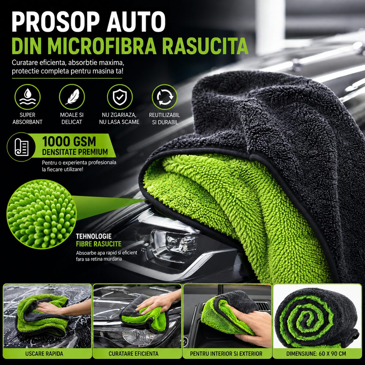 Prosop Auto din Microfibra, , 1200 GSM, Doua Fete, Super Absorbant, Moale si Reutilizabil, Uscare si Curatare Auto, 60x90 cm, Verde 3