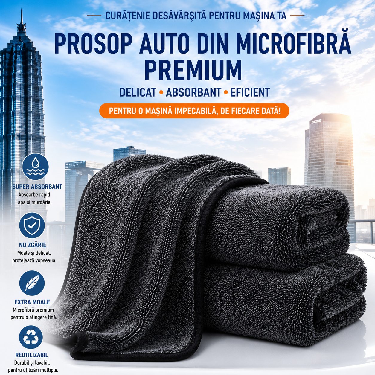 Prosop Auto din Microfibra Rasucita, , 650 GSM, O Singura Fata, Super Absorbant, Moale si Reutilizabil, Uscare si Curatare Auto, 30x30 cm, Gri Inchis 2
