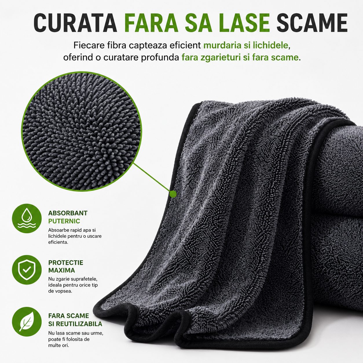 Prosop Auto din Microfibra Rasucita, , 650 GSM, O Singura Fata, Super Absorbant, Moale si Reutilizabil, Uscare si Curatare Auto, 30x30 cm, Gri Inchis 4