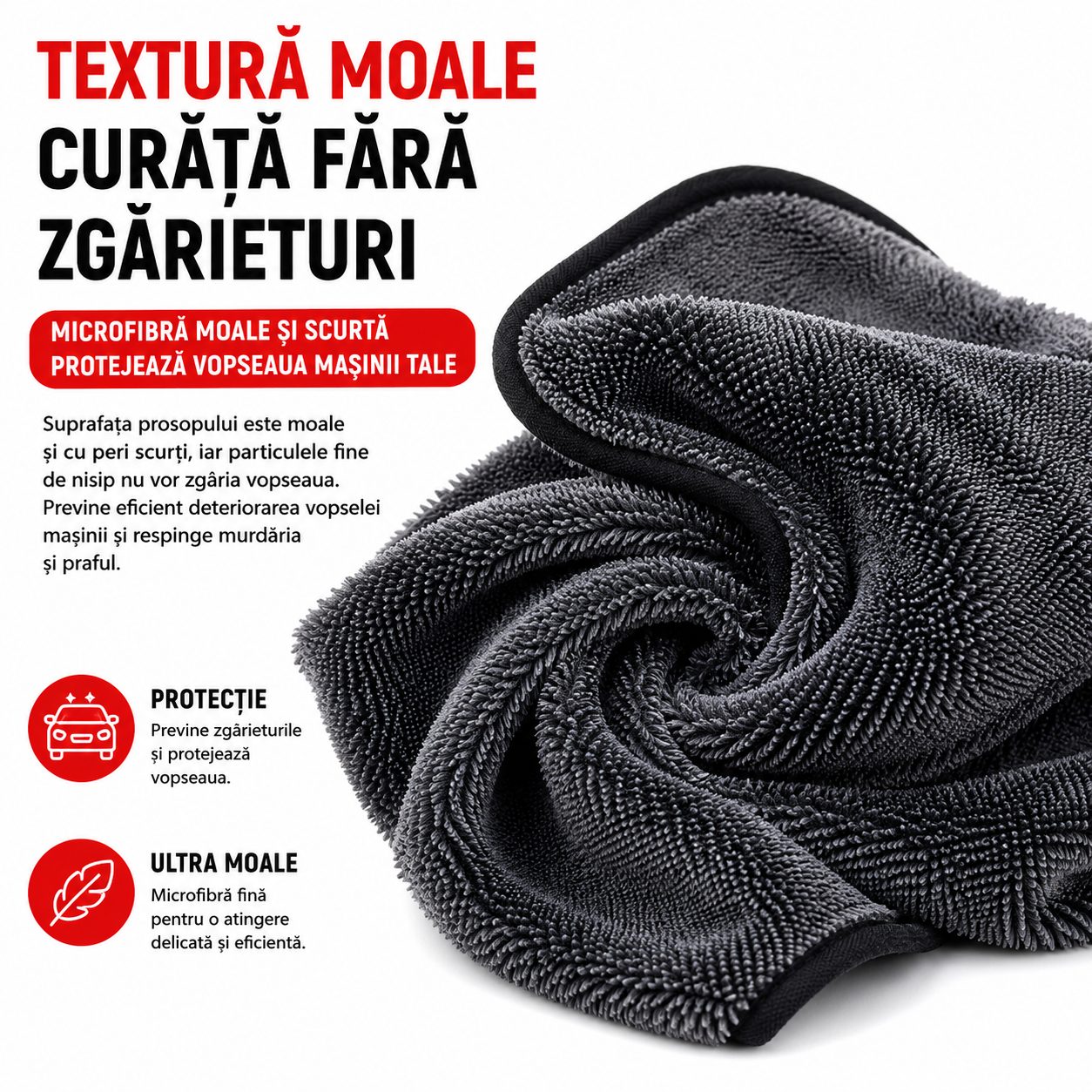 Prosop Auto din Microfibra , , 650 GSM, cu O Singura Fata, Super Absorbant, Moale si Reutilizabil, Uscare si Curatare Auto, 60 x 90 cm, Gri Inchis 3