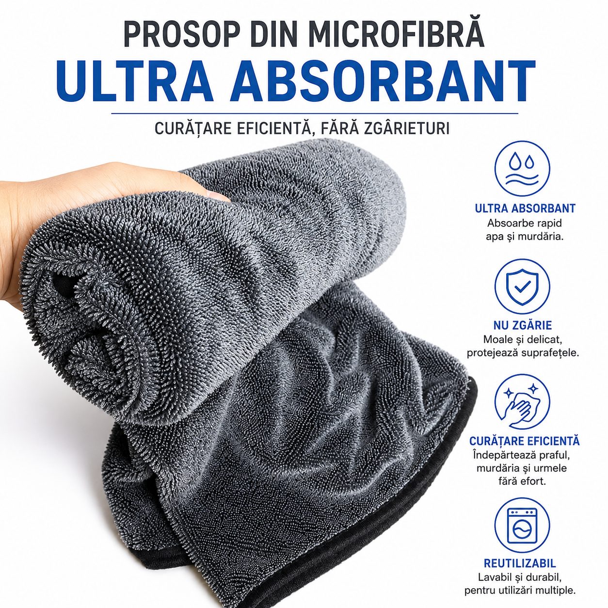Prosop Auto din Microfibra , , 650 GSM, cu O Singura Fata, Super Absorbant, Moale si Reutilizabil, Uscare si Curatare Auto, 60 x 90 cm, Gri Inchis 5