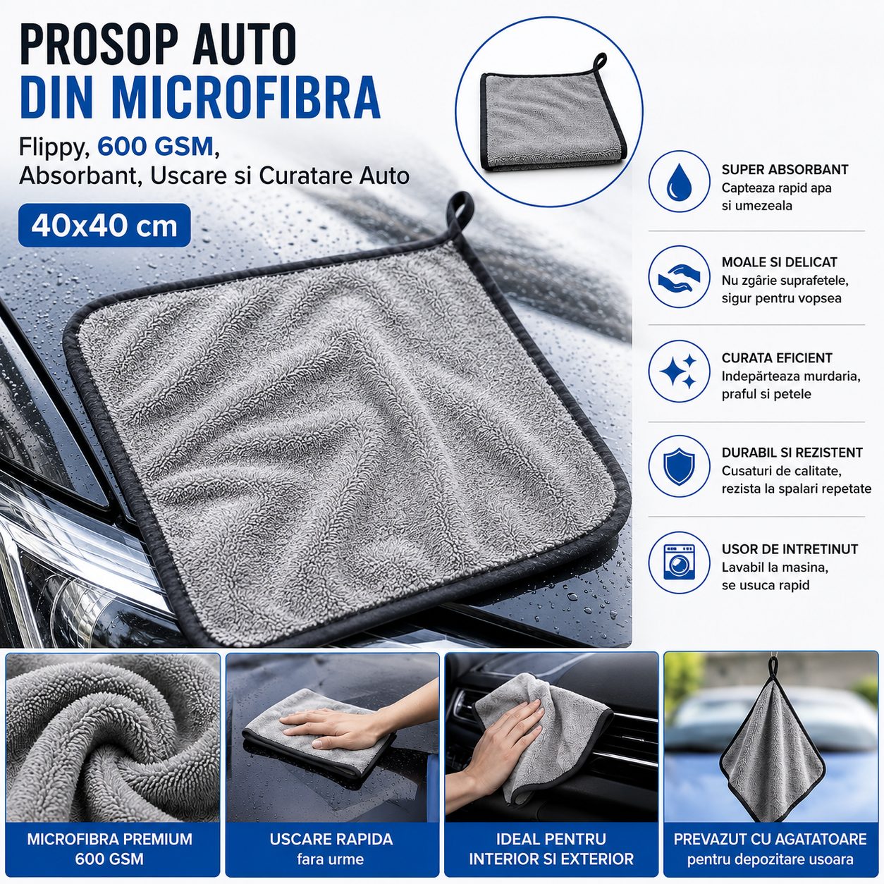 Prosop Auto din Microfibra, , 600 GSM, Absorbant, Uscare si Curatare Auto, 40 x 40 cm, Gri Deschis 3
