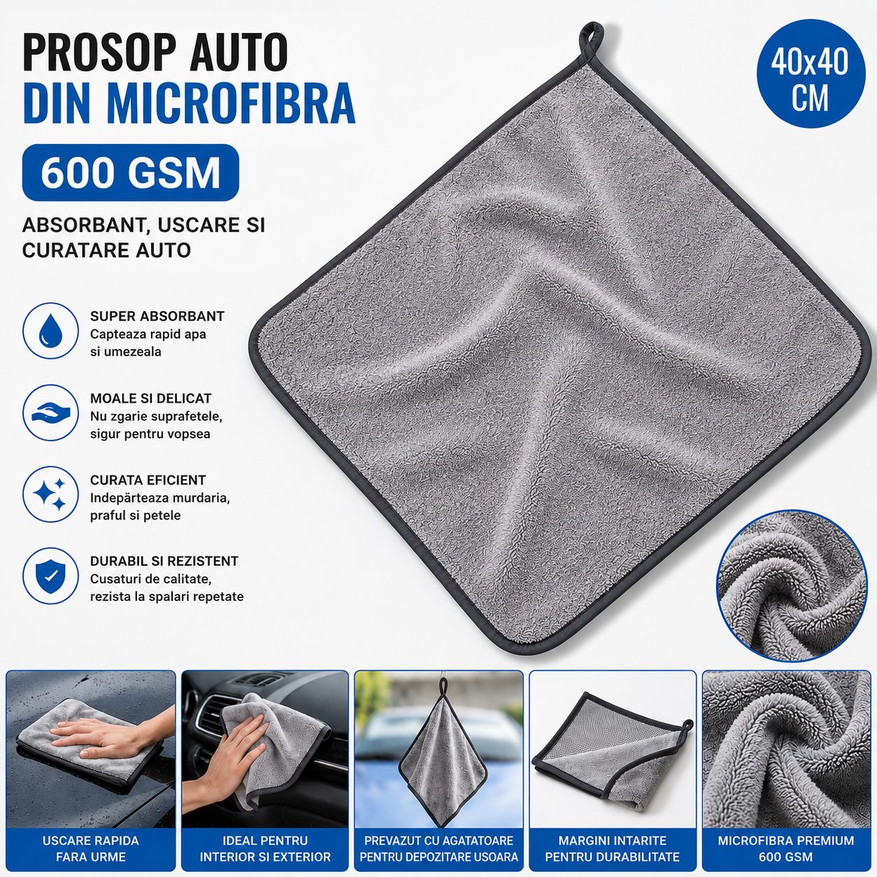Prosop Auto din Microfibra, , 600 GSM, Absorbant, Uscare si Curatare Auto, 40 x 40 cm, Gri Deschis 2