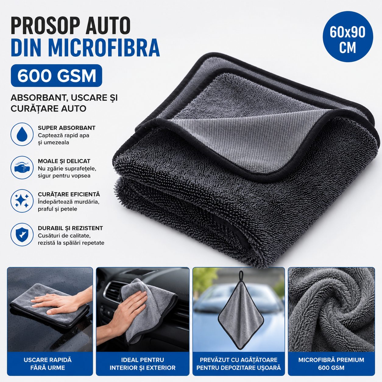 Prosop Auto din Microfibra, , 600 GSM, Absorbant, Uscare si Curatare Auto, 60x90 cm, Gri 2
