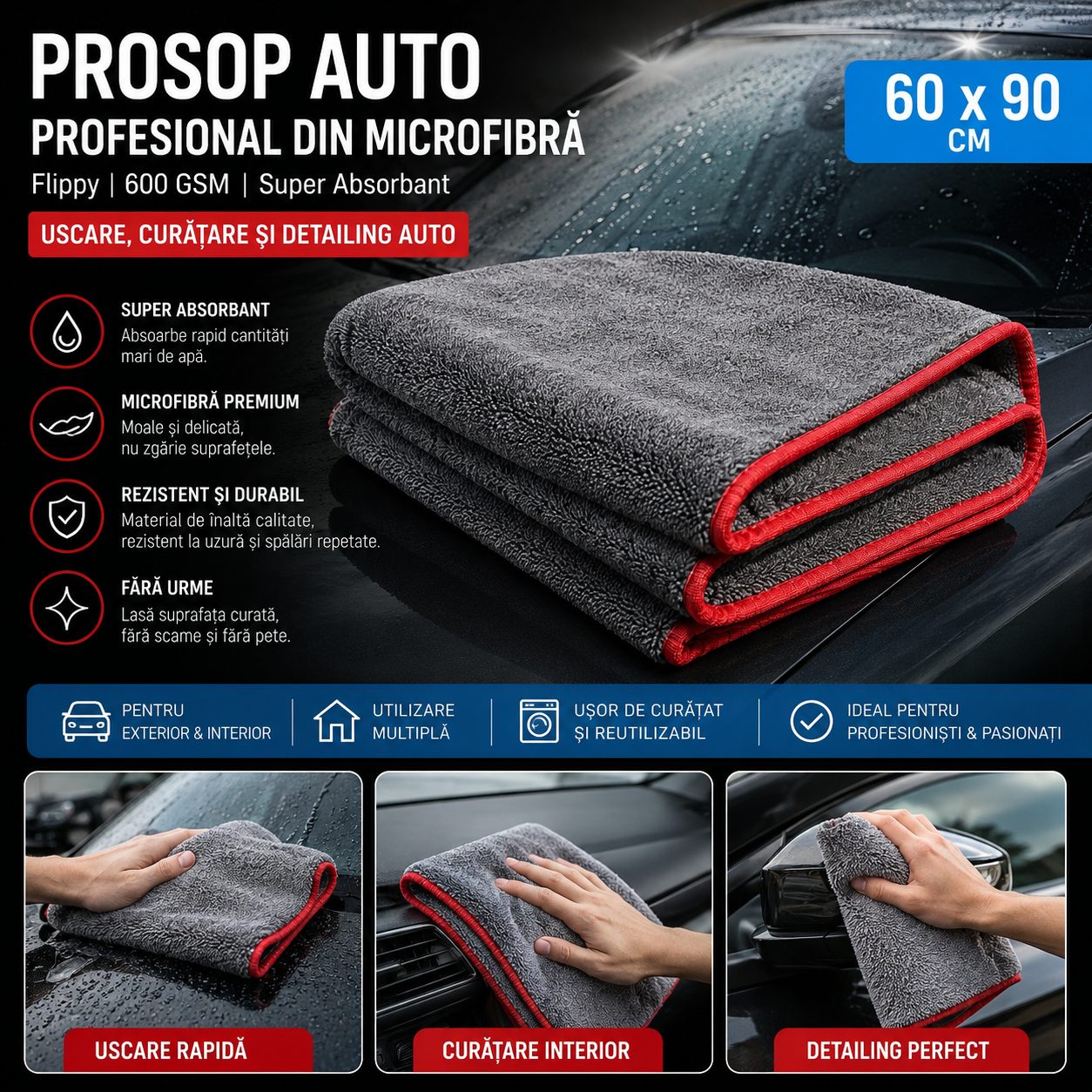 Prosop Auto Profesional din Microfibra, Flippy, 600 GSM, Super Absorbant, Uscare, Curatare si Detailing Auto, 60 x 90 cm, Gri