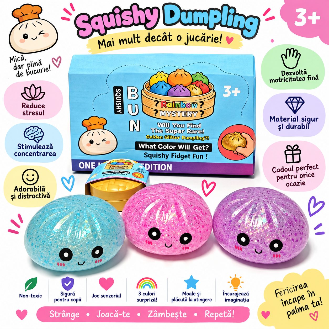 Jucarie Squishy Antistres Dumpling, Flippy, Model cu Bilute, Revenire Lenta, 16x16 cm, Diverse Culori