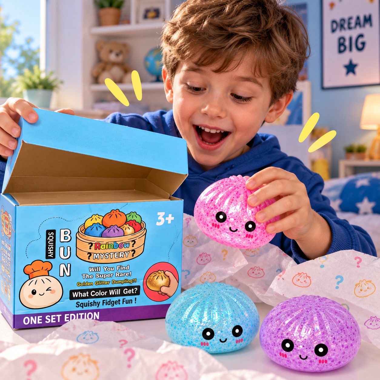Jucarie Squishy Antistres Dumpling, Flippy, Model cu Bilute, Revenire Lenta, 16x16 cm, Diverse Culori
